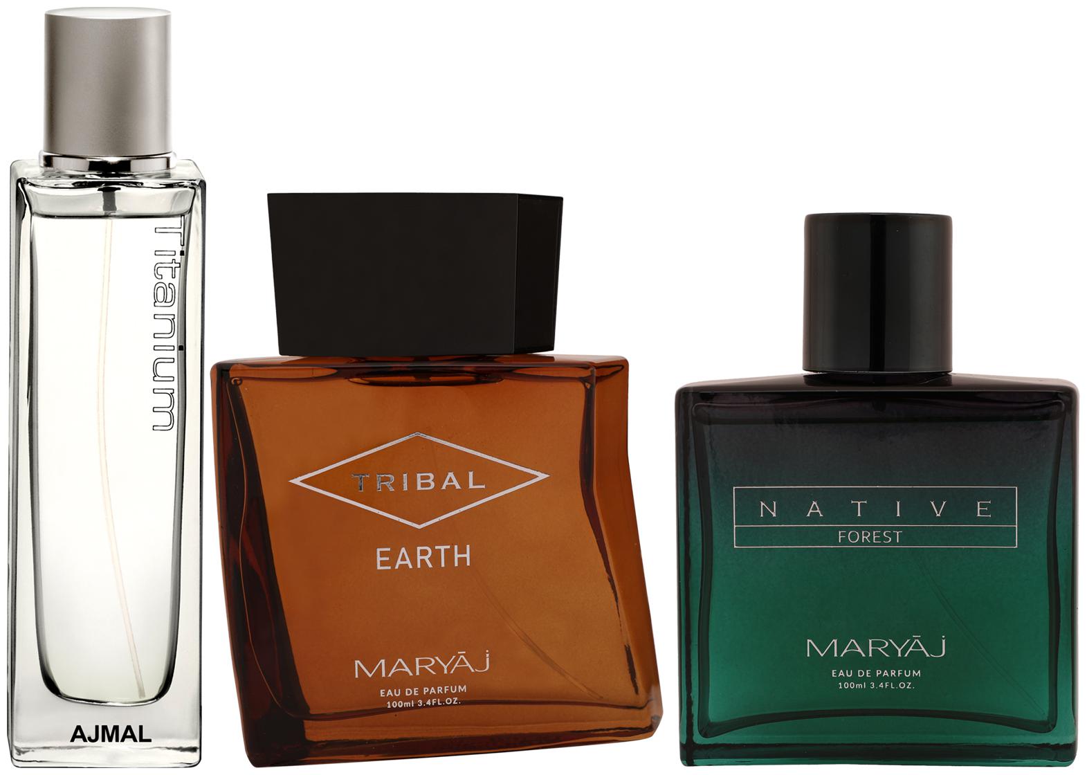 

Ajmal Titanium EDP Fresh Perfume Maryaj Tribal Earth EDP Maryaj Native Forest EDP 100ml (Pack of 3)