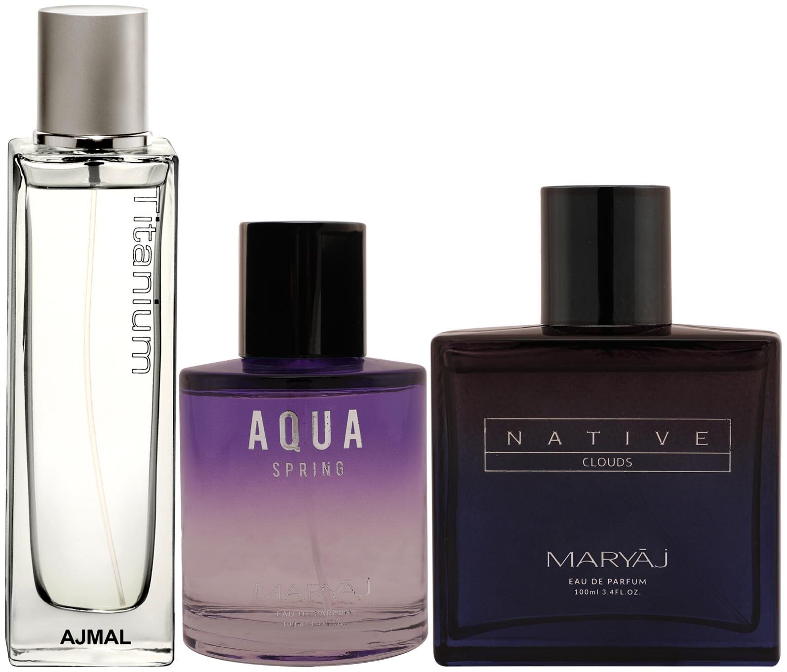 

Ajmal Titanium EDP Fresh Perfume Maryaj Aqua Spring EDP Maryaj Native Clouds EDP 100ml (Pack of 3)