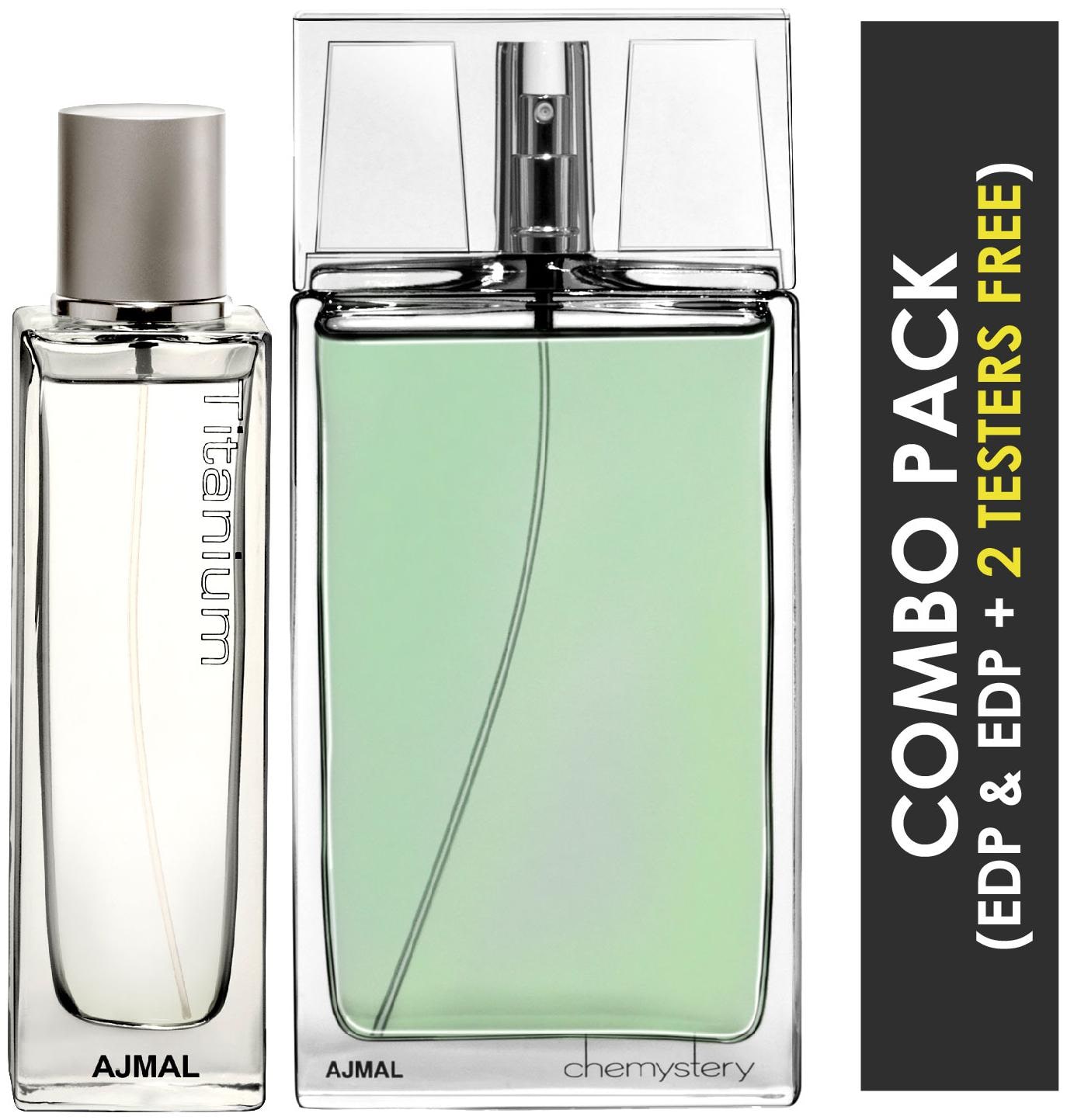 

Ajmal Titanium EDP Citrus Spicy Perfume 100ml for Men and Ajmal Chemystery EDP Spicy Woody Perfume 90ml for Men