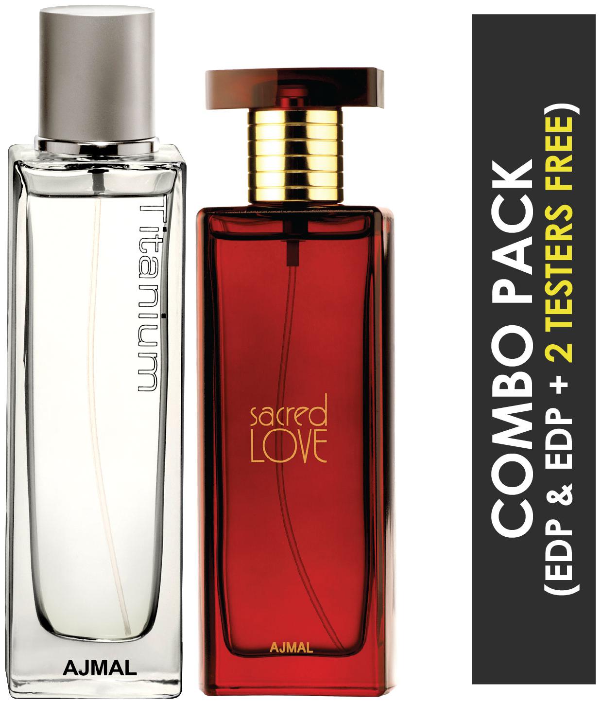

Ajmal Titanium EDP Citrus Spicy Perfume 100ml for Men and Ajmal Sacred Love EDP Floral Musky Perfume 50ml for Women