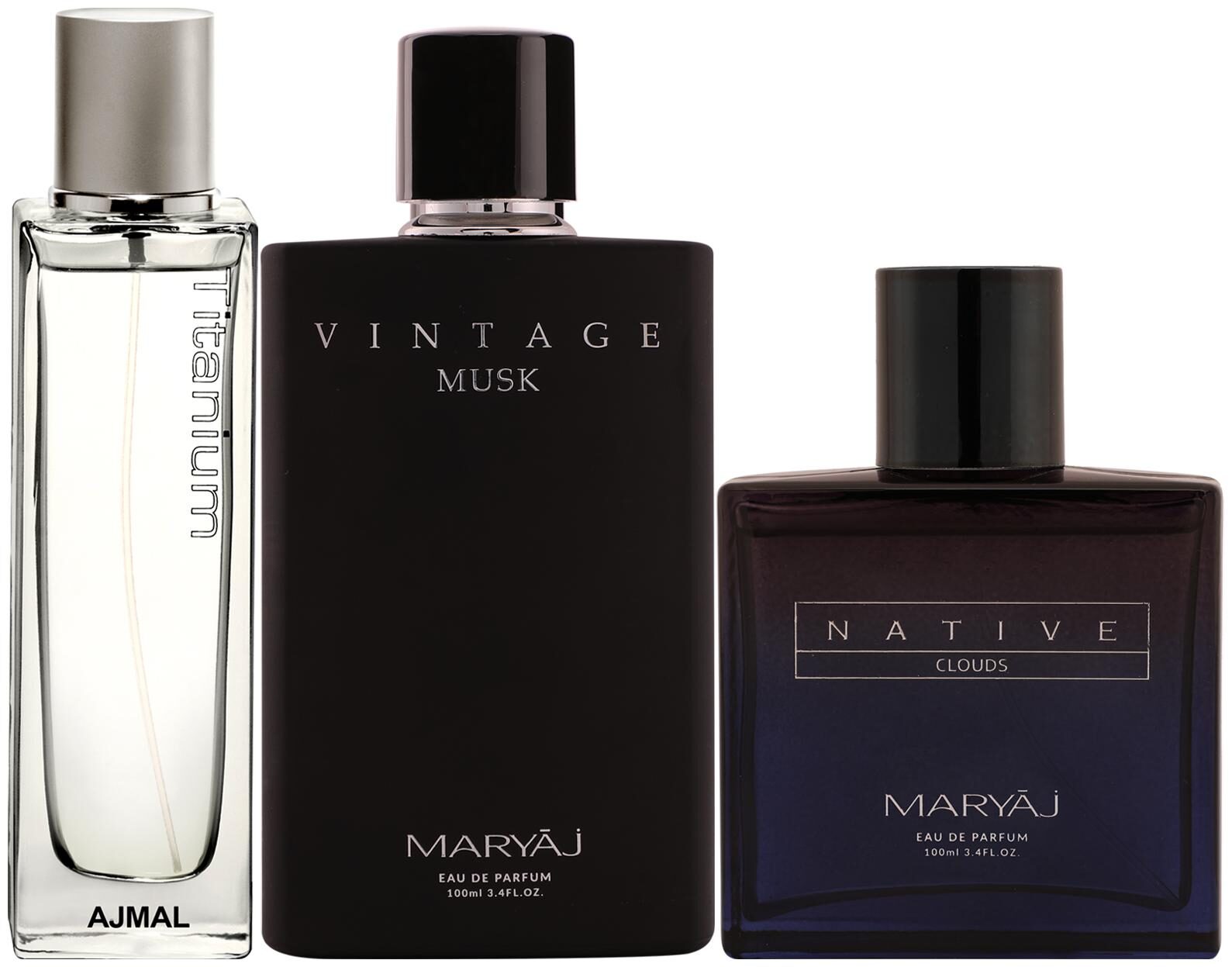 

Ajmal Titanium EDP Fresh Perfume Maryaj Vintage Musk EDP Maryaj Native Clouds EDP 100ml (Pack of 3)