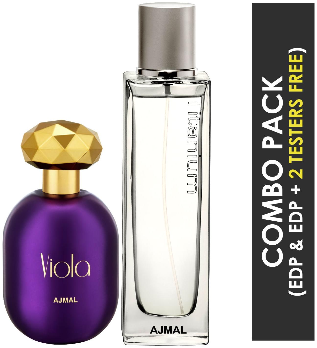 

Ajmal Viola EDP Fruity Floral Perfume 75ml for Women and Titanium EDP Citrus Spicy Perfume 100ml for Men