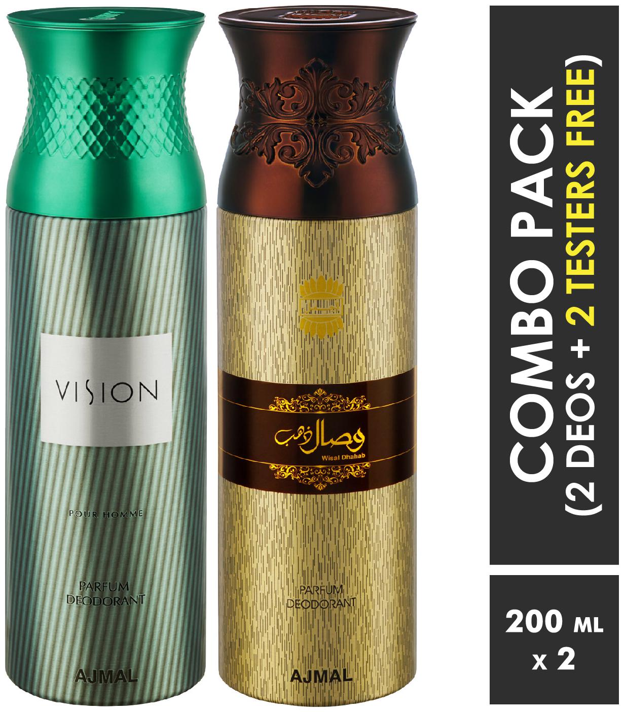 

Ajmal Vision Homme WisalDhahab Deodorant Spray For Men 200ml each (Pack of 2 400ml) 2 Parfum Testers Free