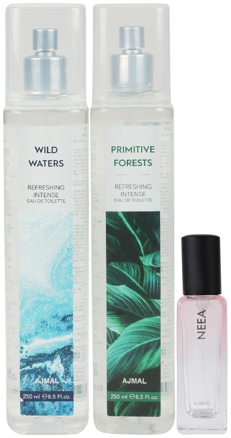 

Ajmal Wild Waters Primitive Forest EDT each 250 ml Neea EDP 20 ml Pack of 3 for Men Women
