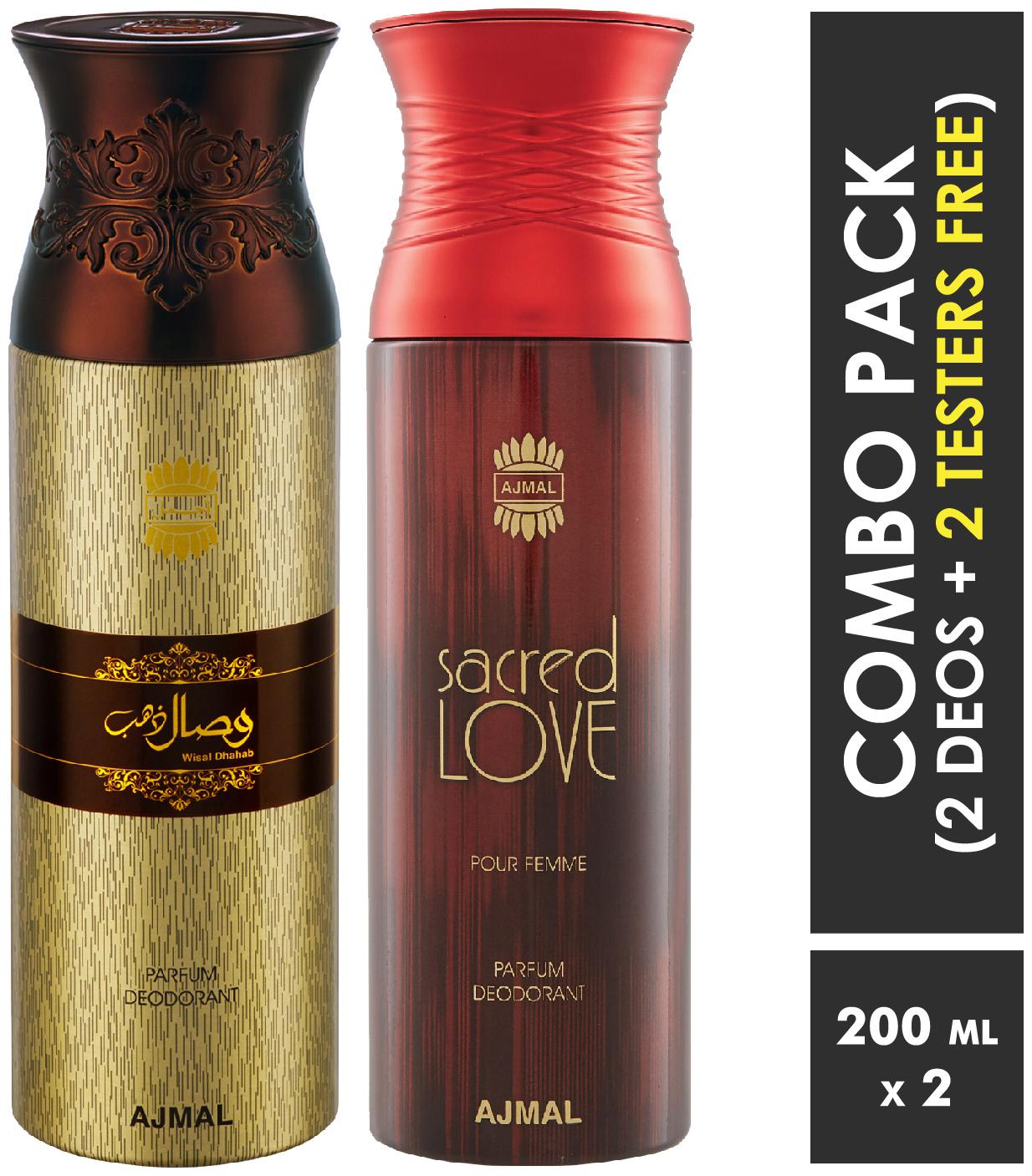 

Ajmal Wisal Dhahab Sacredlove Deodorant Spray For Men Women200ml each (Pack of 2 400ml) 2 Parfum Testers Free