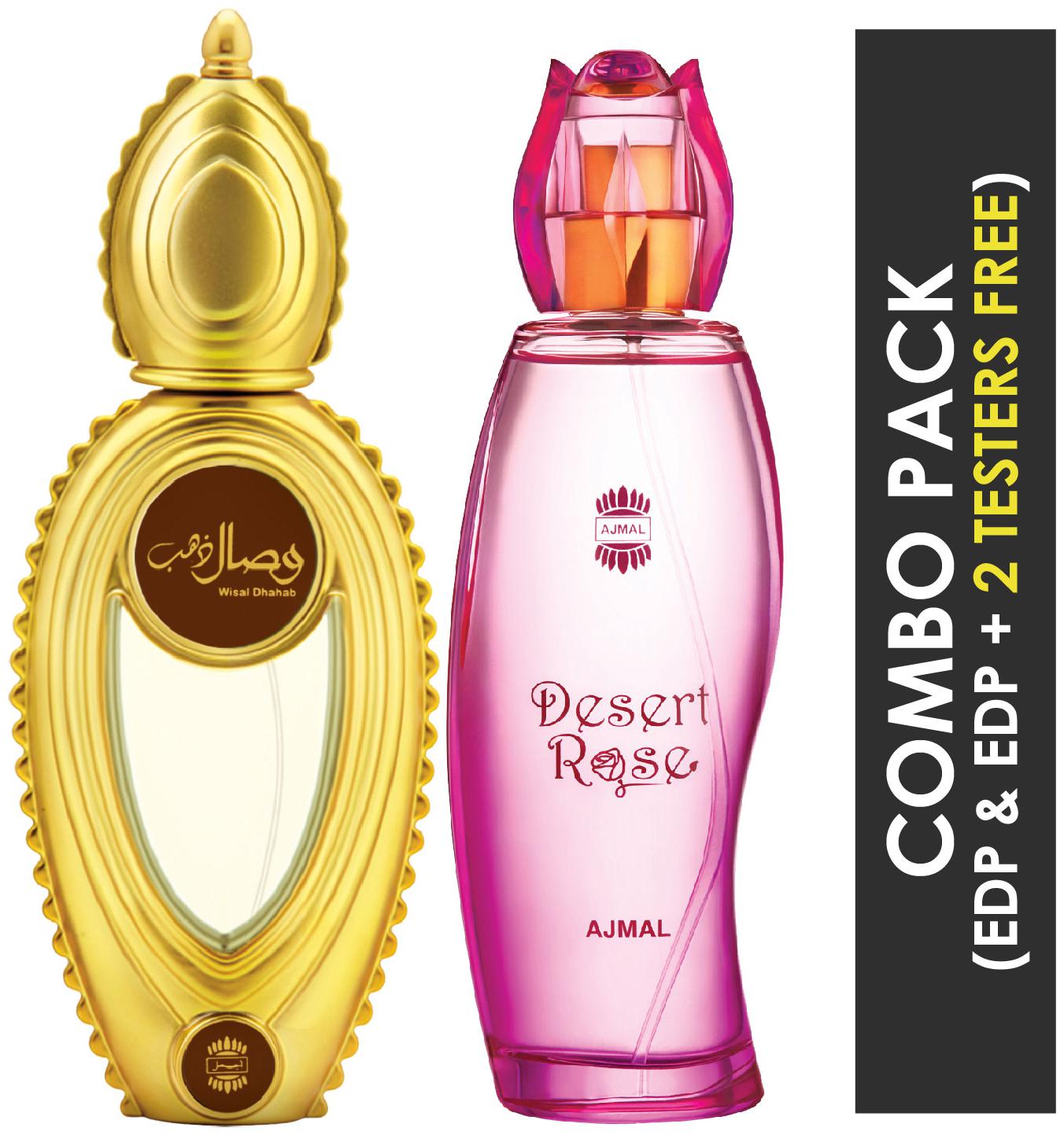 

Ajmal Wisal Dhahab EDP Fruity Floral Perfume 50ml for Men and Desert Rose EDP Floral Oriental Perfume 100ml for Women
