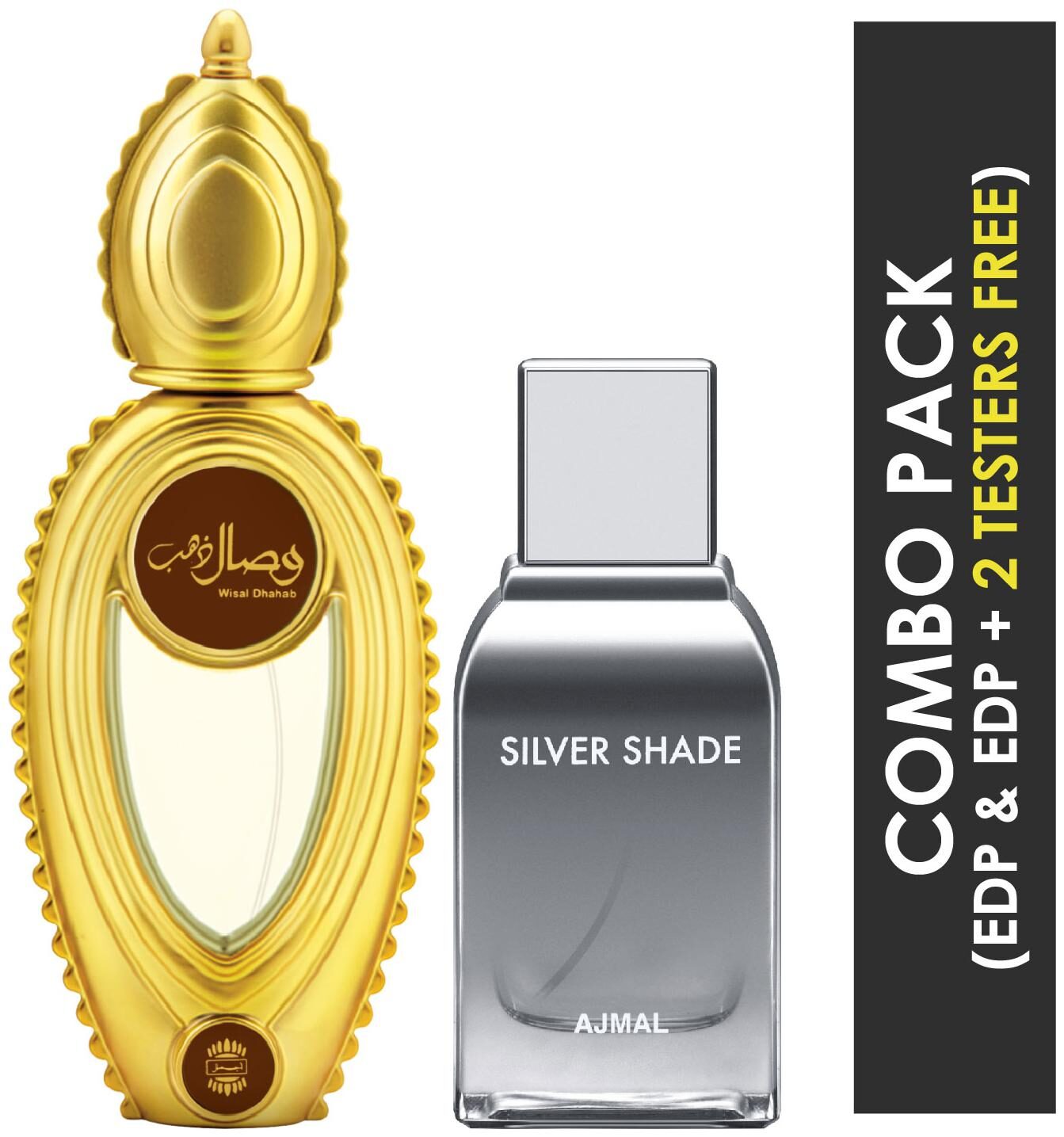 

Ajmal Wisal Dhahab EDP Fruity Floral Perfume 50ml for Men and Silver Shade EDP Citrus Woody Perfume 100ml for Men (Pack of 2)
