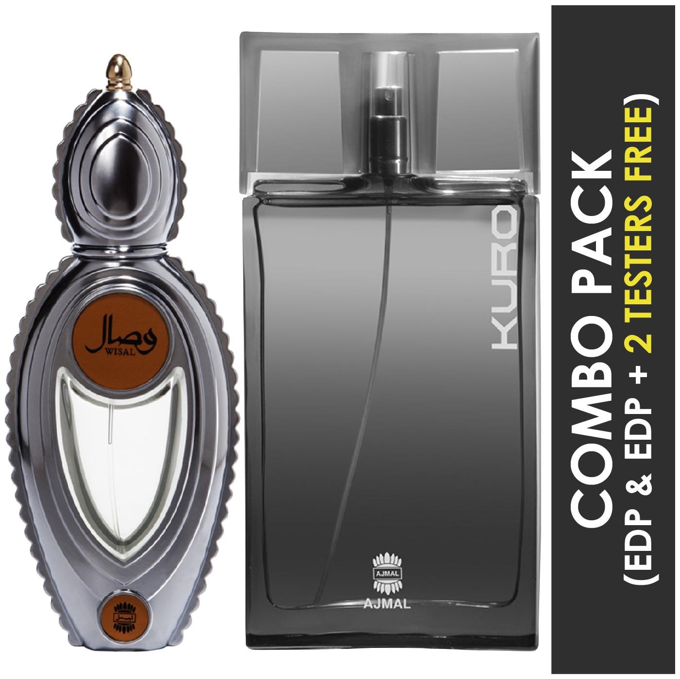 

Ajmal Wisal EDP Floral Musky Perfume 50ml for Women and Kuro EDP Aromatic Spicy Perfume 90ml for Men