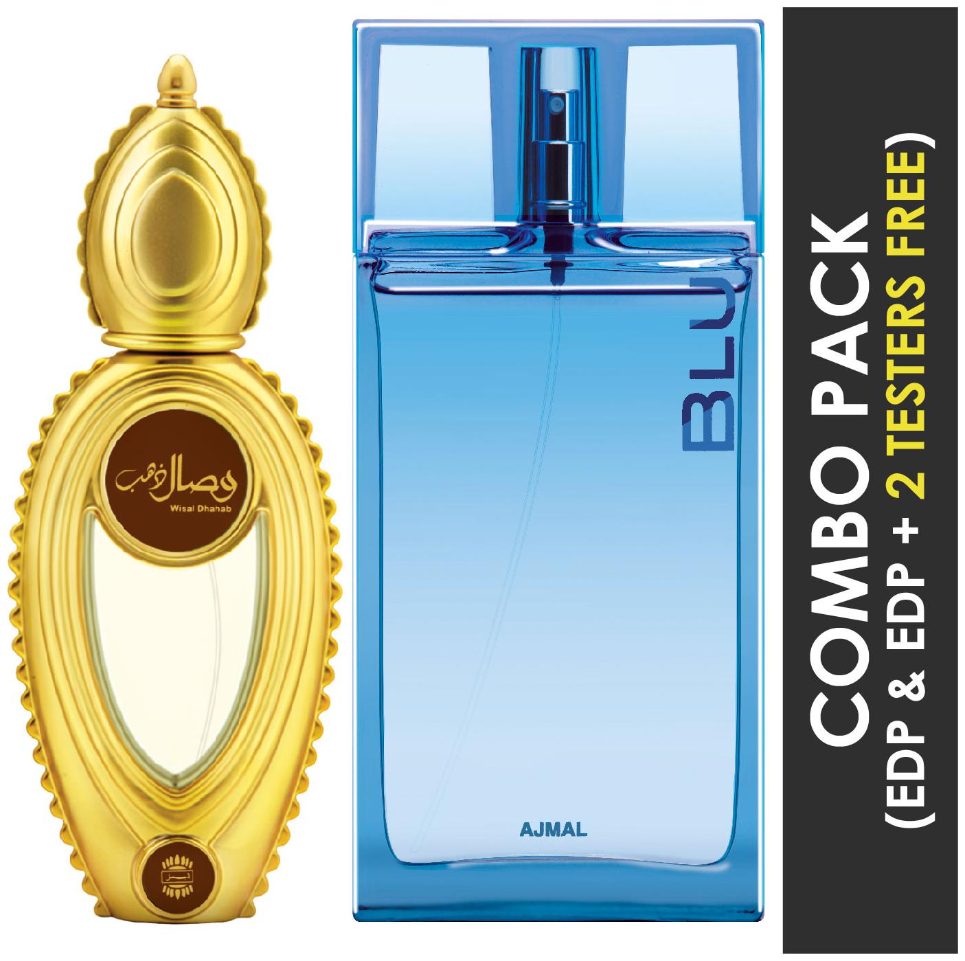 

Ajmal Wisal Dhahab EDP Fruity Floral Perfume 50ml for Men and Blu EDP Aquatic Woody Perfume 90ml for Men (Pack of 2)