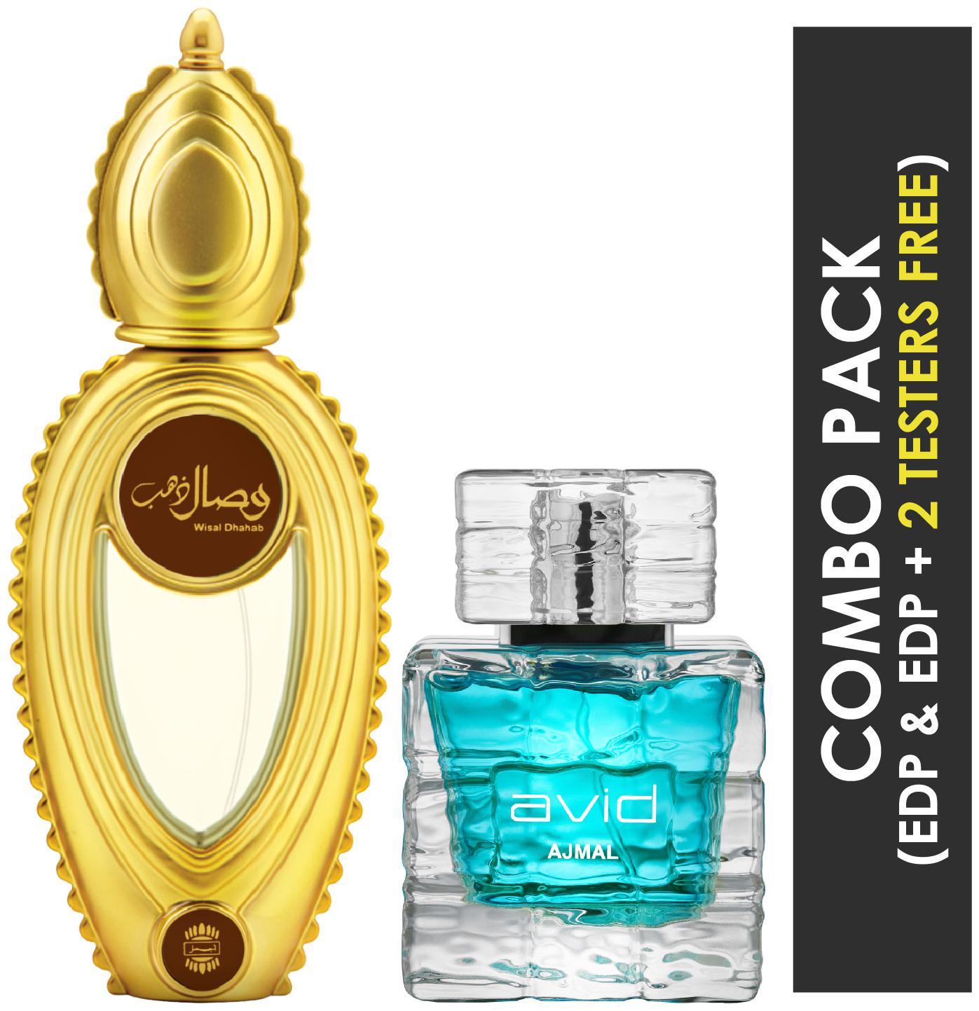 

Ajmal Wisal Dhahab EDP Fruity Floral Perfume 50ml for Men and Ajmal Avid EDP Aquatic Woody Perfume 75ml for Men