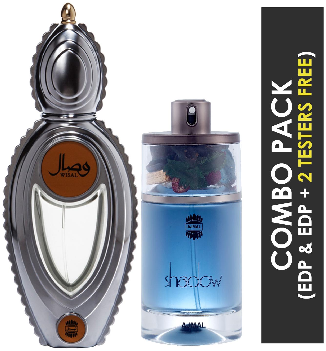

Ajmal Wisal EDP Floral Musky Perfume 50ml for Women and Ajmal Shadow HIM EDP Spicy Woody Perfume 75ml for Men
