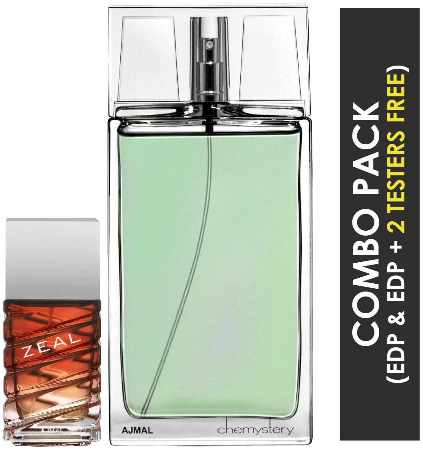 

Ajmal Zeal EDP Aquatic Woody Perfume 100ml for Men and Ajmal Chemystery EDP Spicy Woody Perfume 90ml for Men