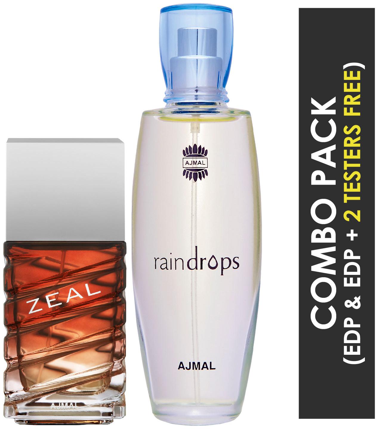 

Ajmal Zeal EDP Aquatic Woody Perfume 100ml for Men and Ajmal Raindrops EDP Floral Chypre Perfume 50ml for Women