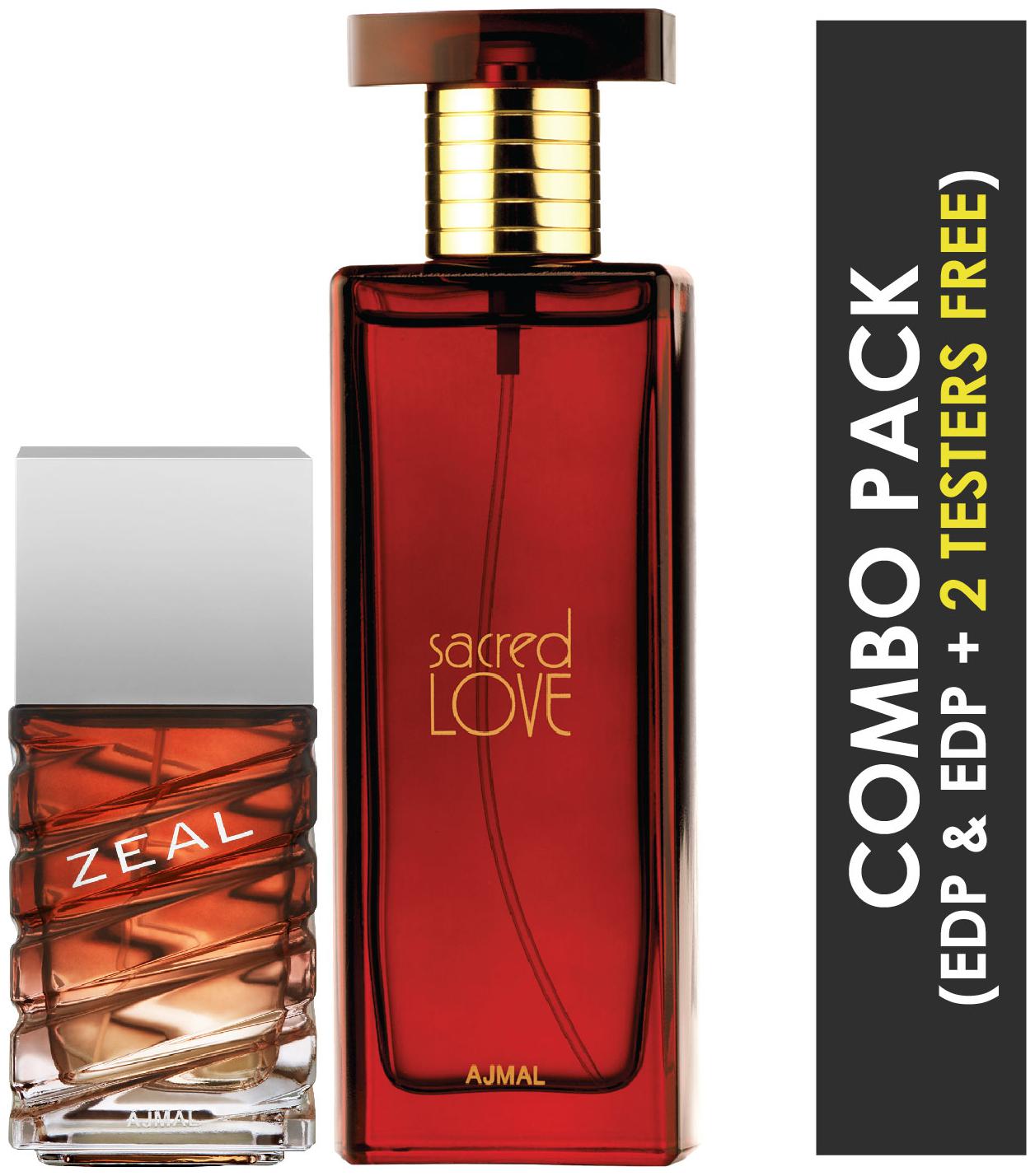 

Ajmal Zeal EDP Aquatic Woody Perfume 100ml for Men and Ajmal Sacred Love EDP Floral Musky Perfume 50ml for Women (Pack of 2)