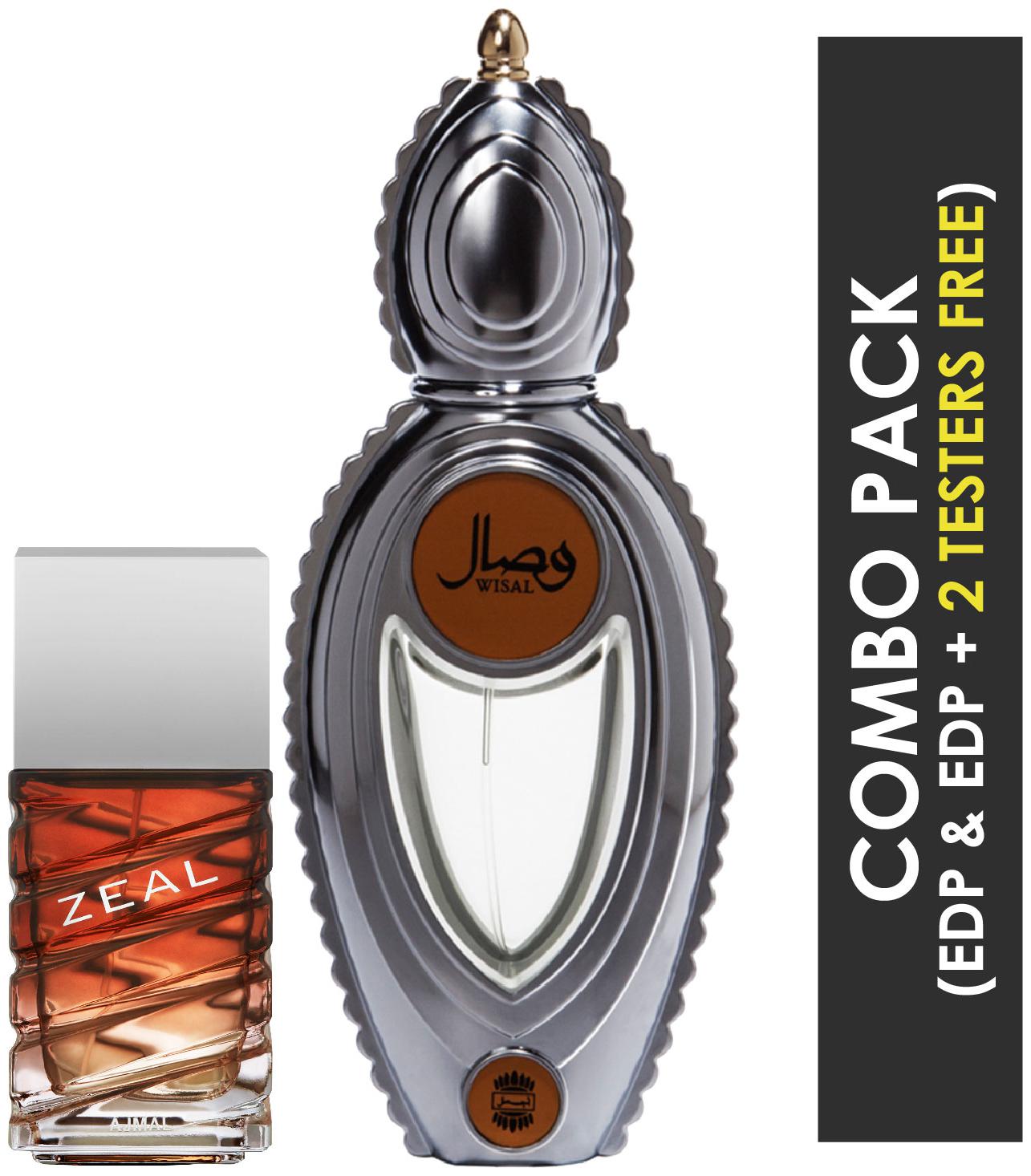 

Ajmal Zeal EDP Aquatic Woody Perfume 100ml for Men and Wisal EDP Floral Musky Perfume 50ml for Women