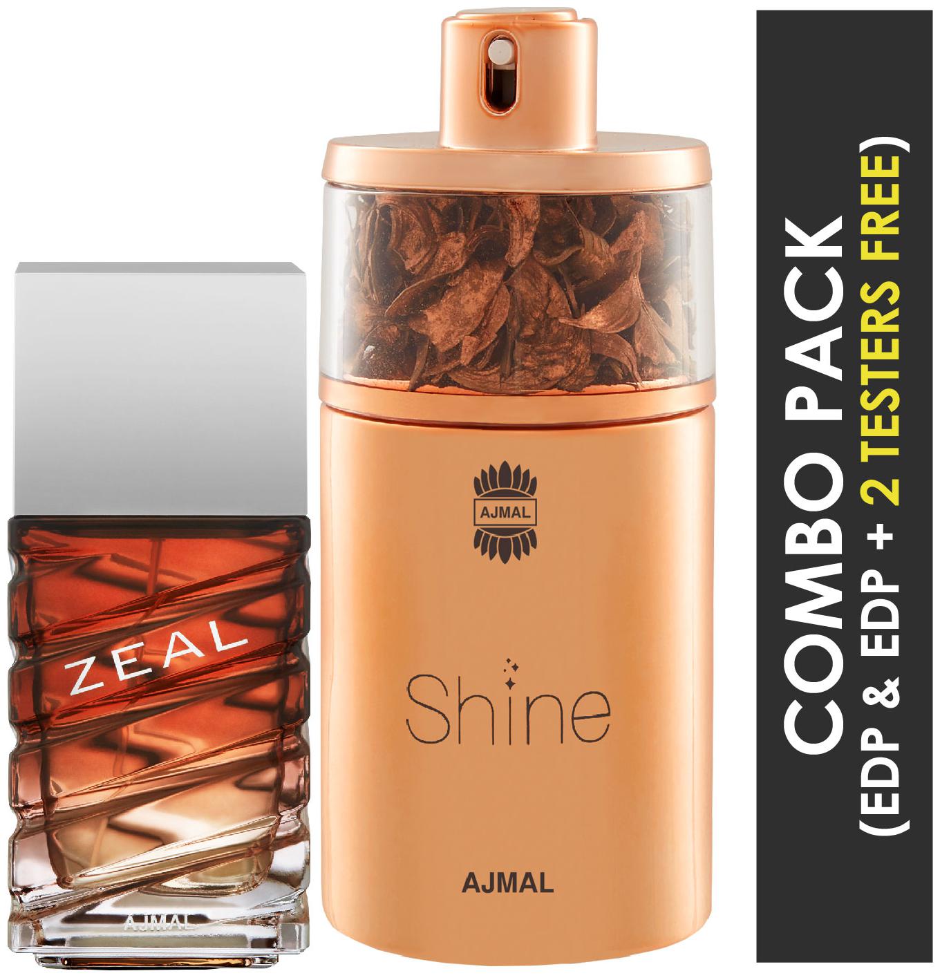 

Ajmal Zeal EDP Aquatic Woody Perfume 100ml for Men and Ajmal Shine EDP Floral Powdery Perfume 75ml for Women
