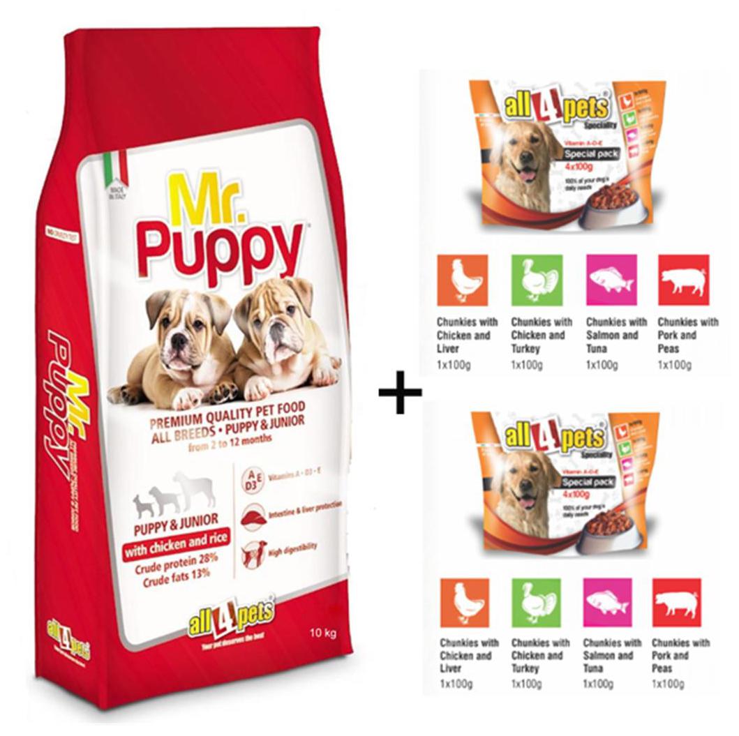 

all4pets Combo Offer Mr Puppy With Chicken Rice 10kg Free Special Pack Chunks in Gravy 4x1(Pack of 2)