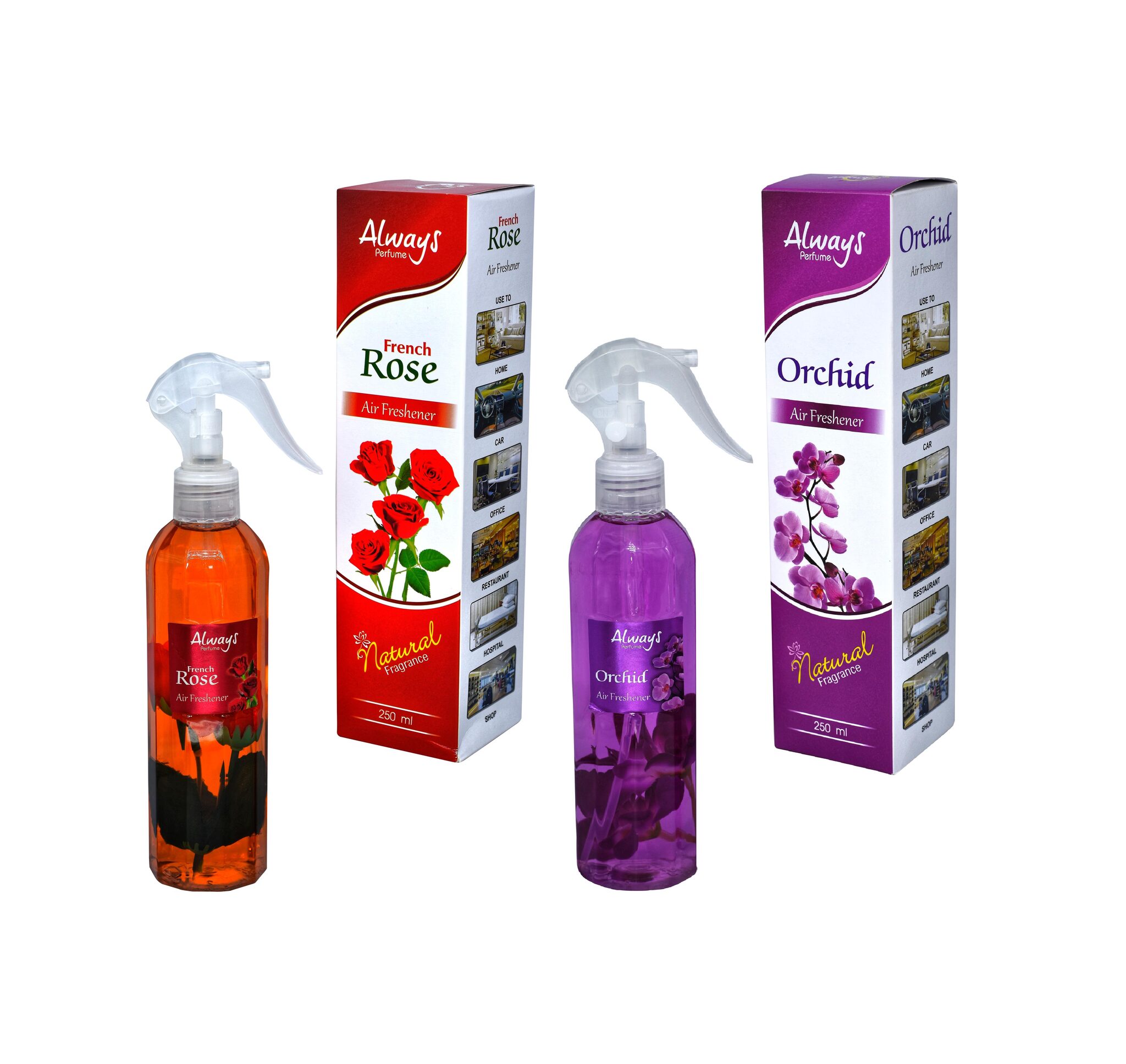 

Always Perfumes French Rose Orchid Air Freshener Natural Fragrance Combo For Home Car Offices Hospital Shops Restaurants Bar Curtains 250ml (Pack of 2)