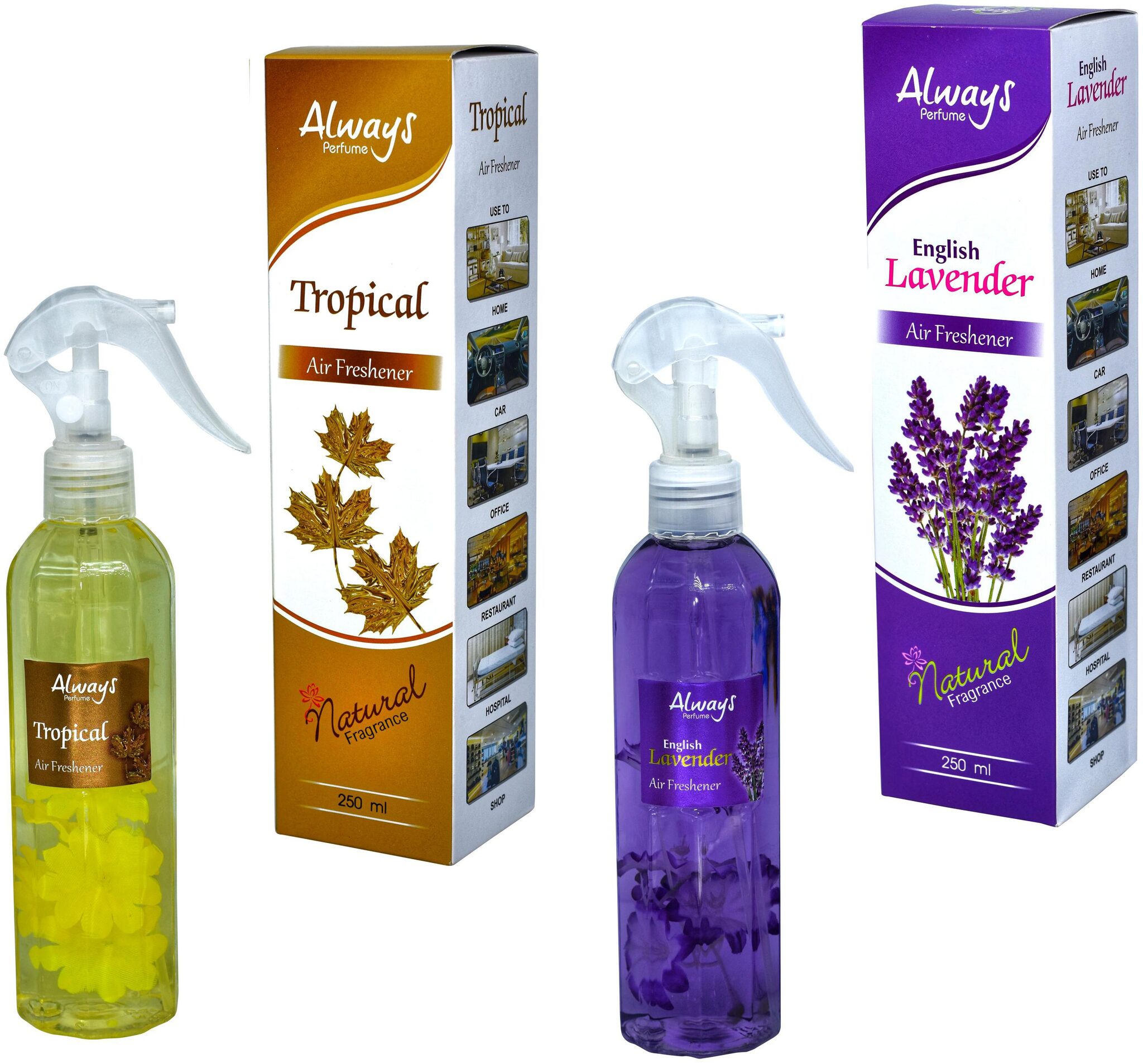 

Always Perfumes Premium English Lavender Tropical Natural Fragrance Air Freshener 250ml (Pack of 2)