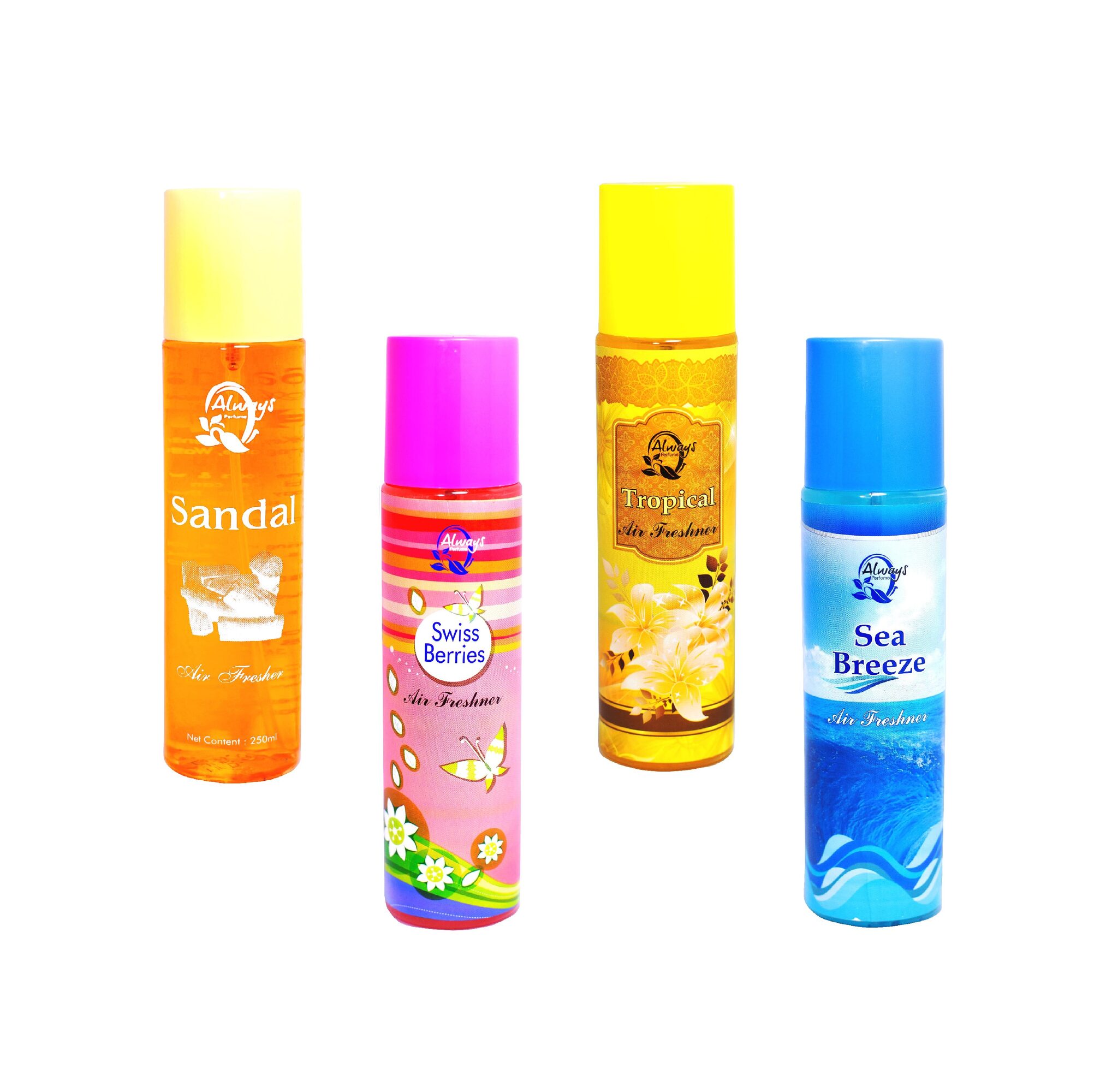 

Always Perfumes Air Freshener Sandal Sea Breeze Swiss Berries Tropical 250ml (Pack of 4)