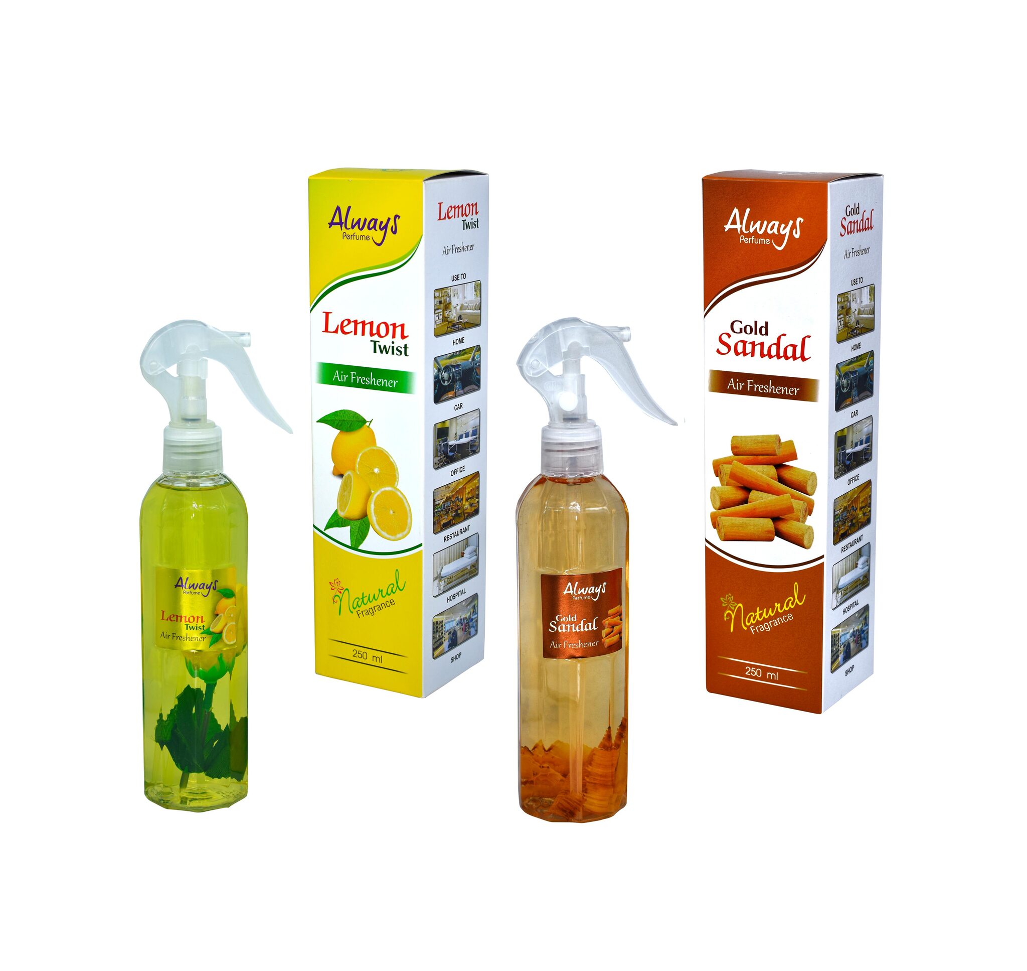 

Always Perfumes Gold Sandal Lemon Twist Air Freshener Natural Fragrance Combo For Home Car Offices Hospital Shops Restaurants Bar Curtains 250ml (Pack of 2)