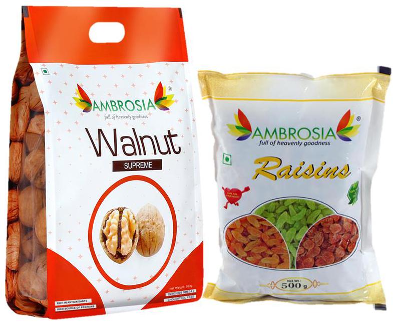 

Ambrosia Assorted Dry Fruit Combo 1kg ( Raisins 500g Walnut with Shell 500g )