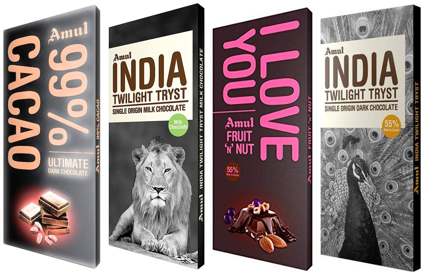 

Amul Chocolate Combo - 1 Fruit nut ( 150g ) 1 twilight milk (125g) 1 twilight Dark chocolate (125g ) and 1pcs dark chocolate 99 Cacao