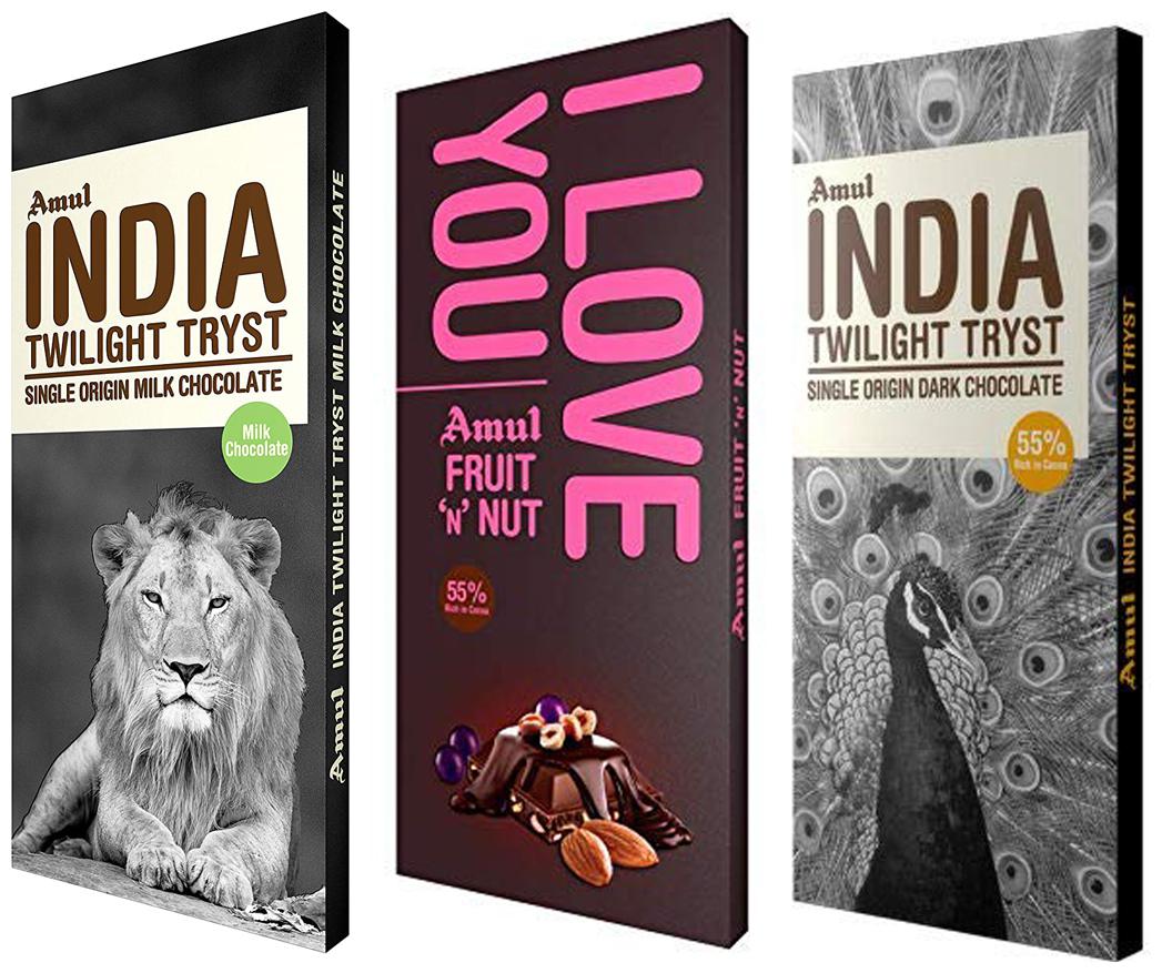 

Amul Dark Chocolate Fruit nut ( 150g ) with 1 Amul india twilight milk chocolate (125g) and 1 Amul india twilight Dark chocolate (125g ) ( combo )
