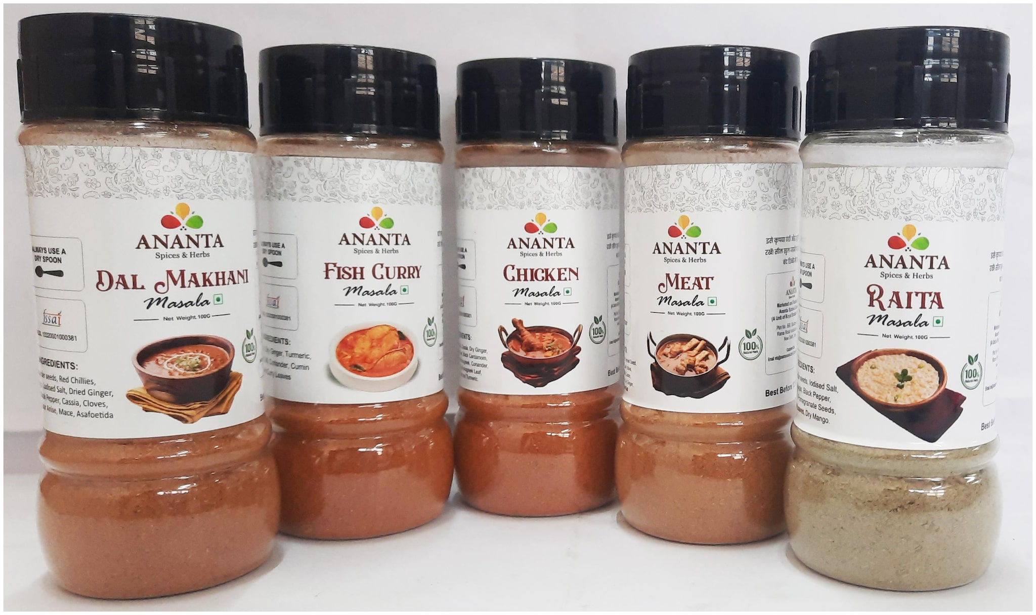 

Ananta Spices Herbs Combo of Chicken Masala Meat Masala Fish Curry Masala Dal Makhani Masala Raita Masala (100g Each) (Pack of 5)