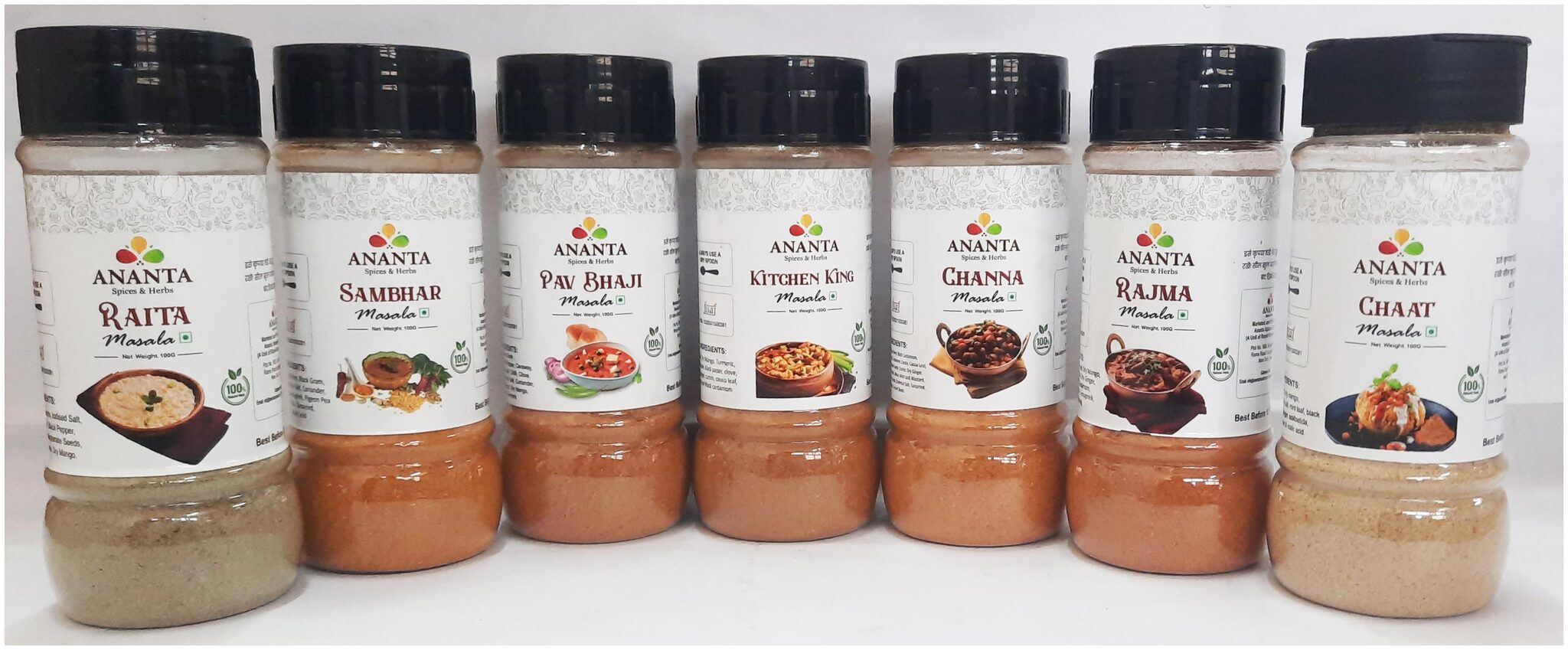

Ananta Spices Herbs Combo of Sambhar Masala Pav Bhaji Masala Kitchen King Masala Channa Masala Rajma Masala Chaat Masala Raita Masala (100g Each) (Pack of 7)