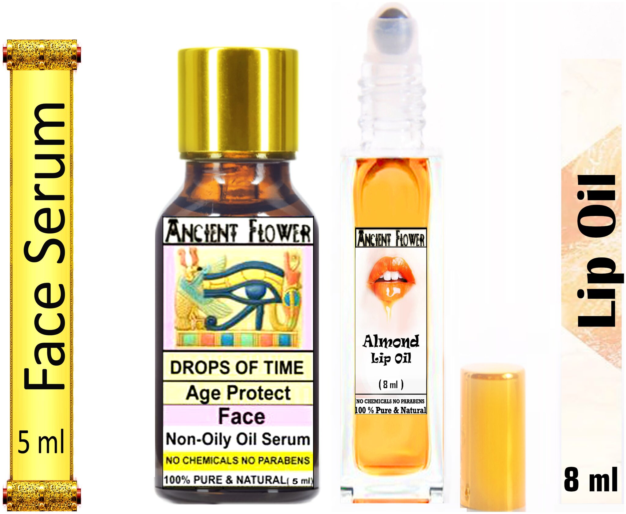 

Ancient Flower Drops Of Time Non Oily Face serum 5 ml Almond Lip Oil 8 ml (Pack Of 2)