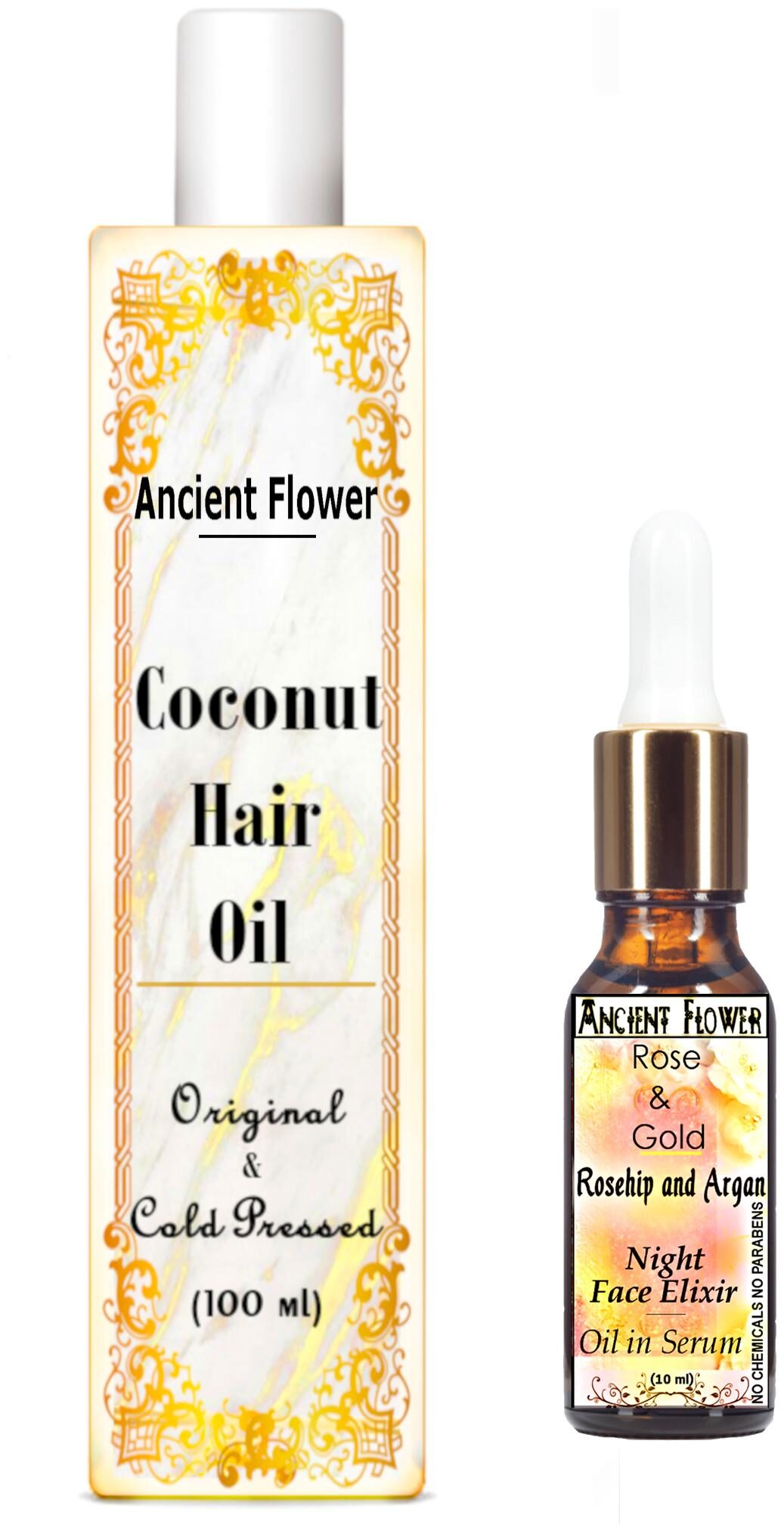 

Ancient Flower - Coconut hair Oil - 100 ml Rose And Gold Face Serum - 10ml (Pack Of 2)