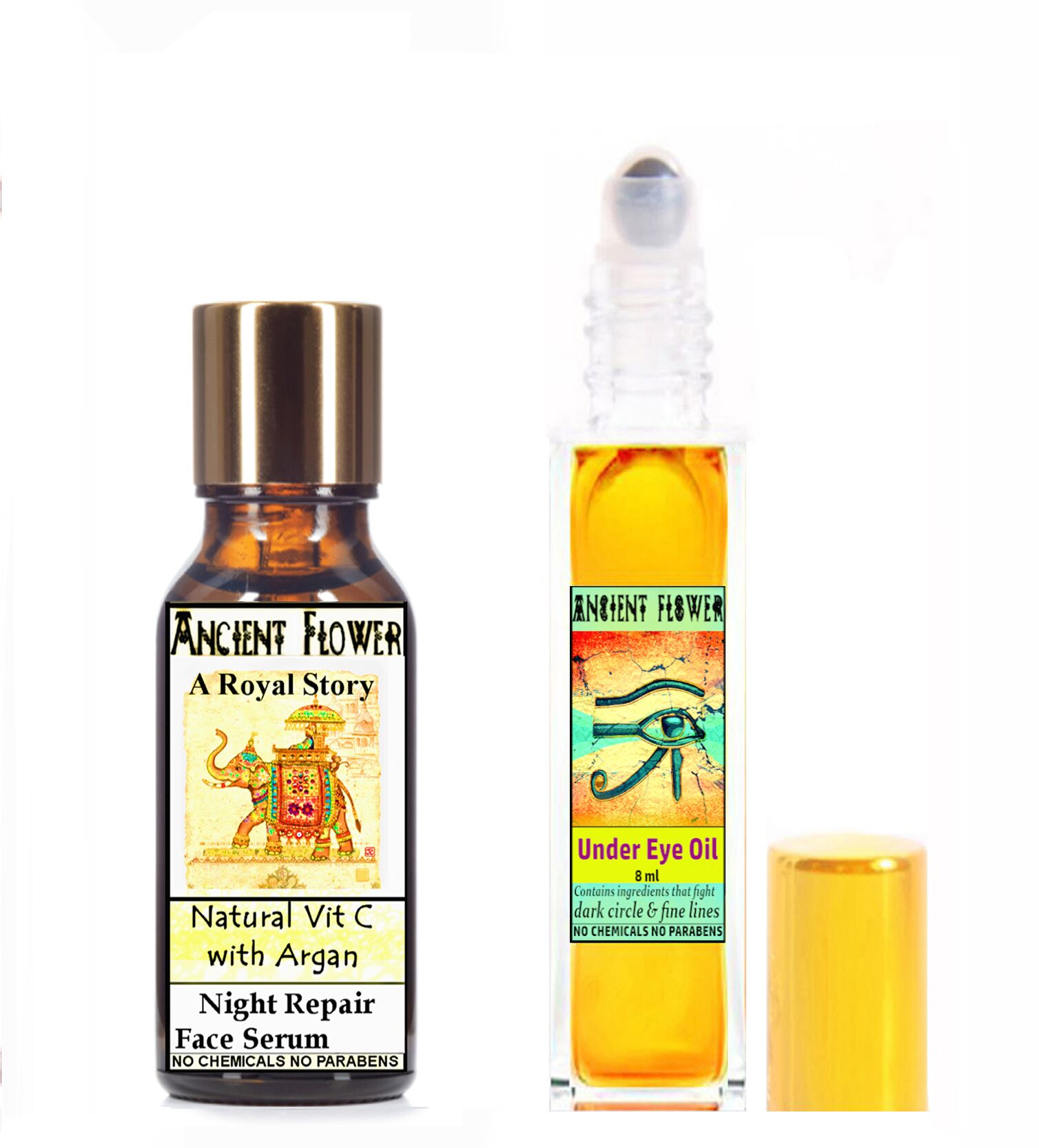

Ancient Flower A Royal story Natural Vitamin C With Argan Night Repair Face Serum (5 ml) Under Eye Oil (8 ml) Pack Of 2