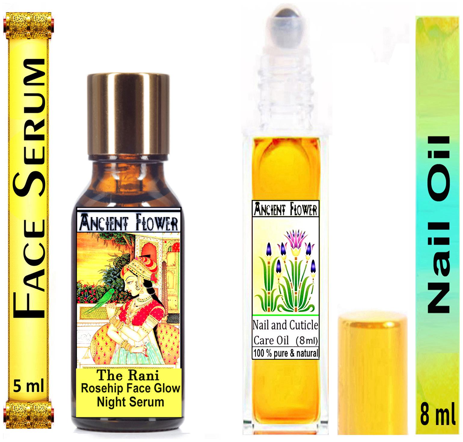

Ancient Flower The Rani Face Serum 5 ml Nail And Cuticle Care Oil 8 ml (Pack Of 2)