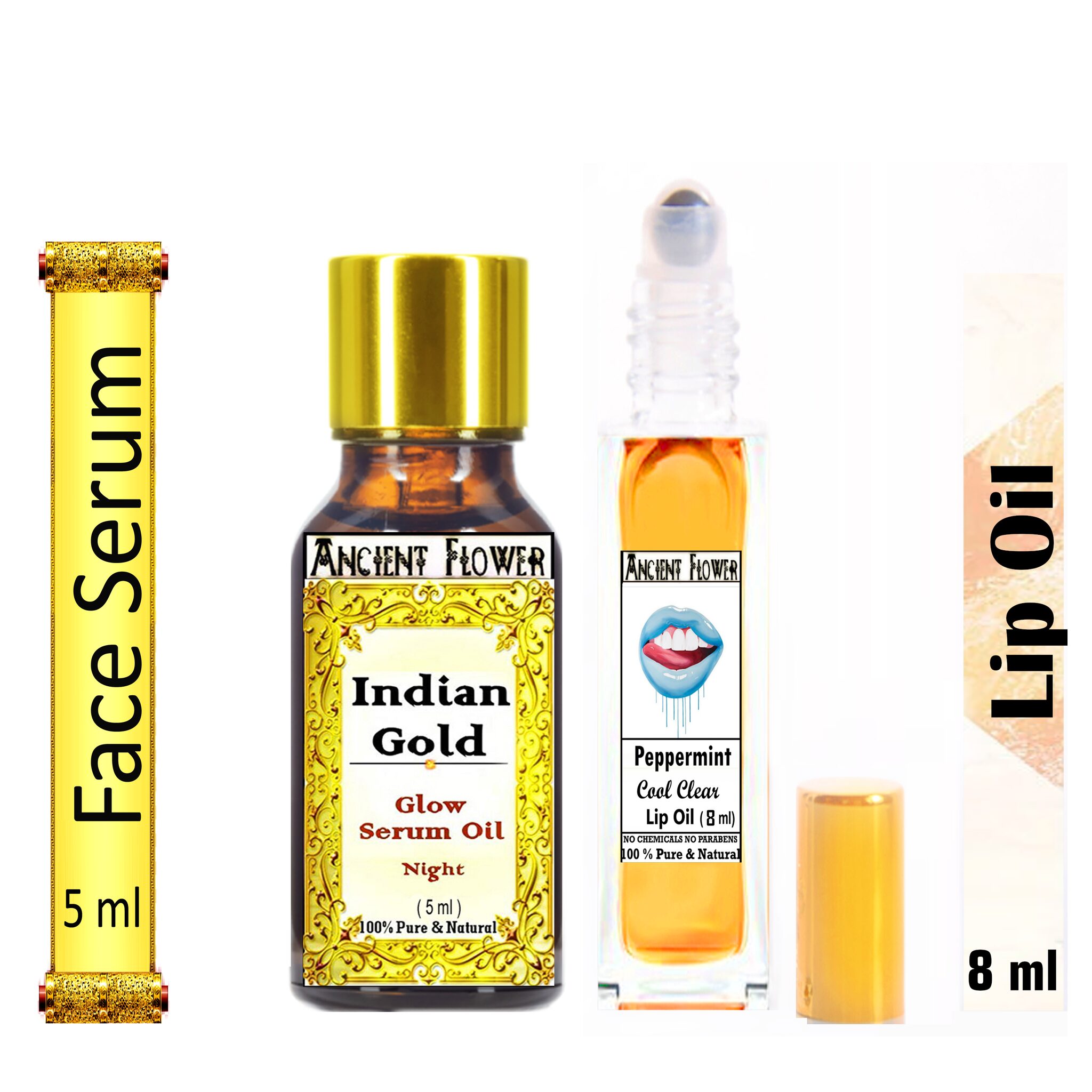 

Ancient Flower Indian Gold Face Glow Night Serum Oil 5 ml Peppermint Cool Clear Lip Oil 8 ml (Pack Of 2)