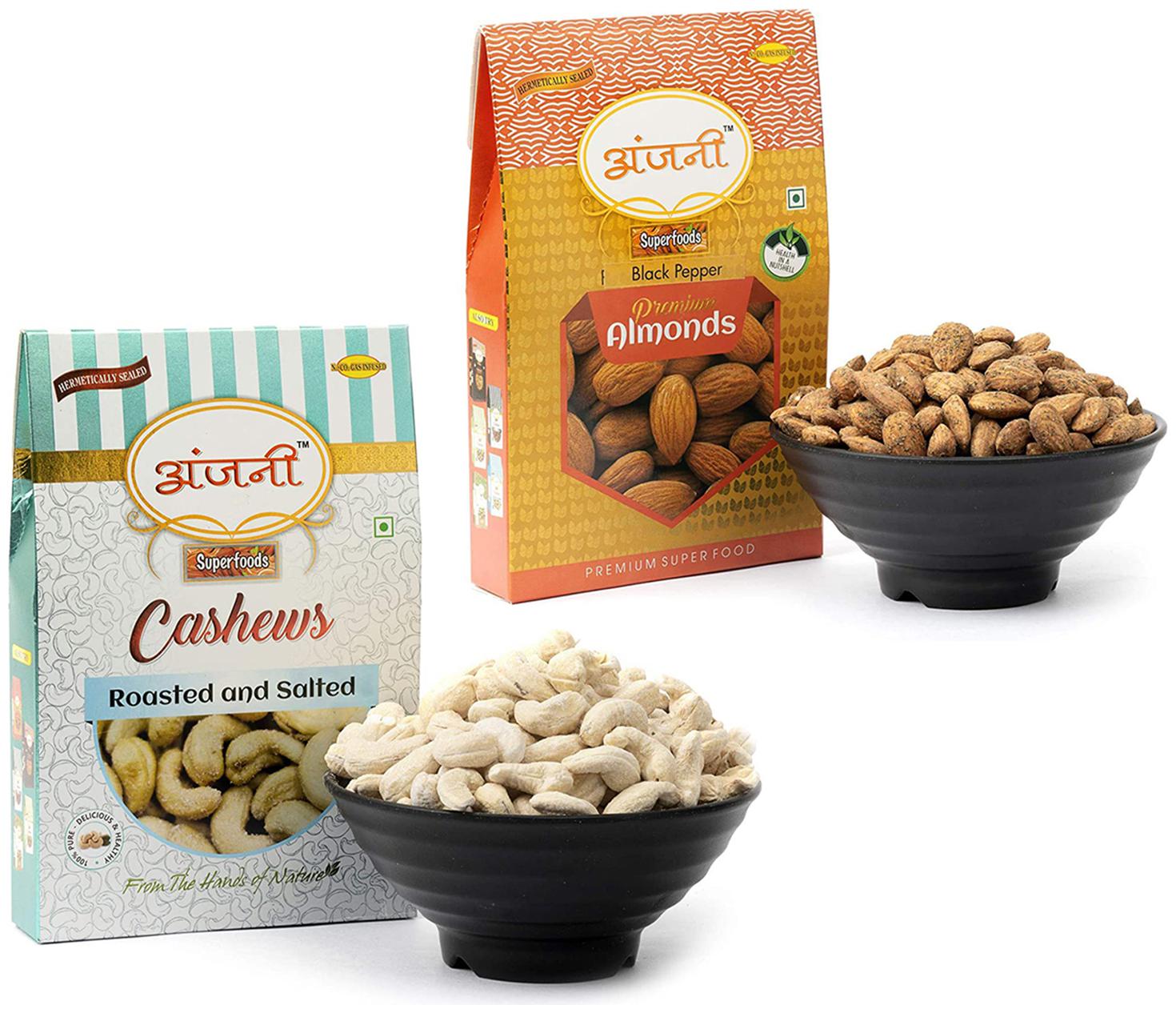 

Anjani Superfoods Roasted Salted Cashews (200g) And Black Pepper Almonds 200g (Pack Of 2)
