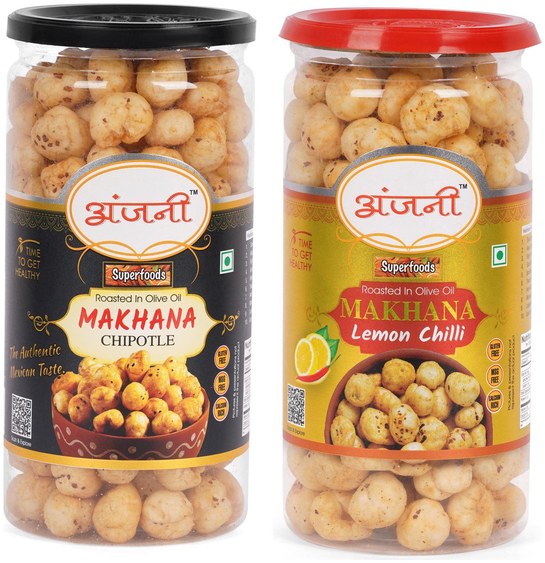 

ANJANI SUPERFOODS Roasted Makhana In Olive Oil Chipotle And Lemon Chilli Foxnuts 200g (100g Each In Jar)