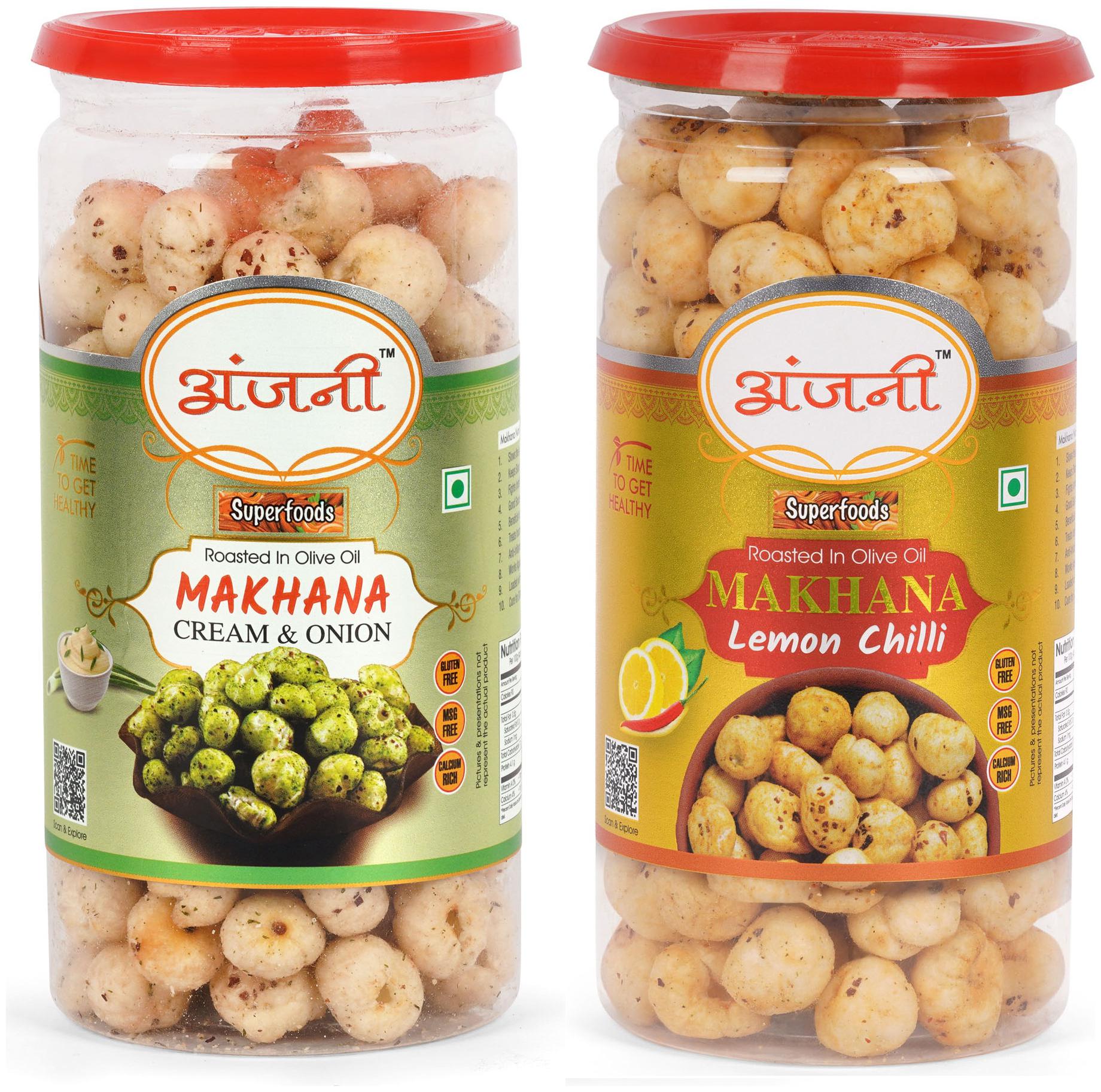 

ANJANI SUPERFOODS Roasted Makhana In Olive Oil Cream Onion And Lemon Chilli Foxnuts 200g (100g Each In Jar)