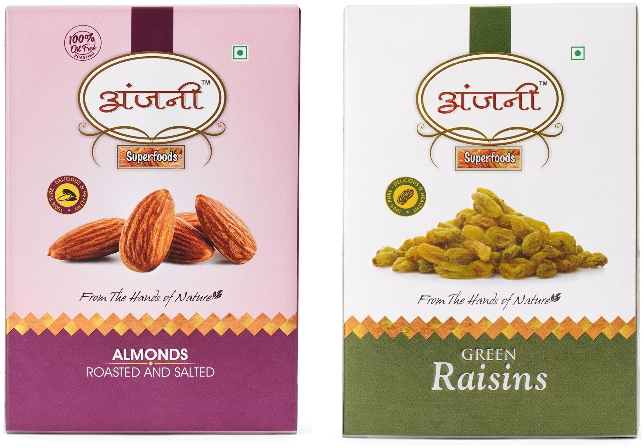 

ANJANI SUPERFOODS Roasted Salted Almonds And Plain Green Raisin In Box 200g (Pack Of 2) (100g Each)