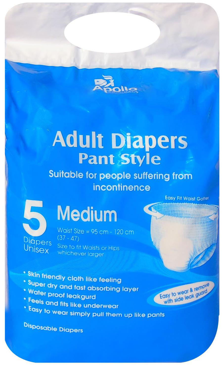 

Apollo Pharmacy Adult Diapers Pant Style Medium 5 pieces (Pack of 3)