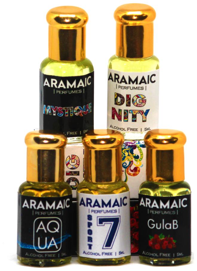 

Aramaic Combo Pack Premium Attar Sport Aqua Gulab Dignity Mystique 5 ml Alcohol Free (Pack of 5)