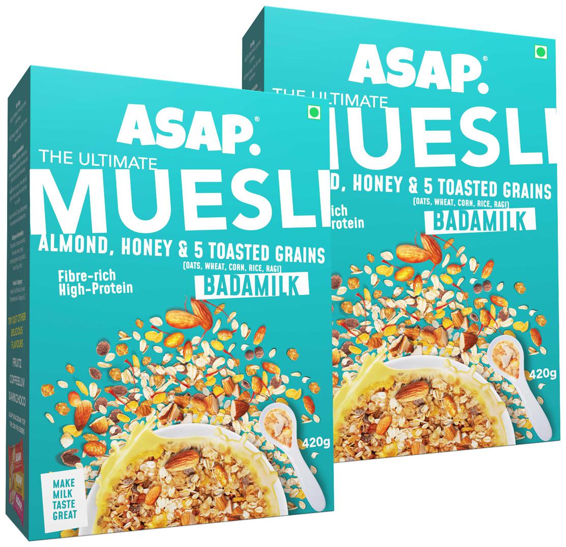 

ASAP - Ultimate Breakfast Muesli - Badamilk(Almonds Honey 5 Toasted Grains) -420g (Pack of 2)