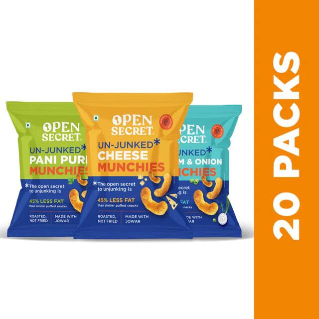 Open Secret Assorted Unjunked Munchies (20 packs) | Flavours - Cheese, Cream & Onion, Pani Puri | Roasted Jowar Puffs, Not Fried