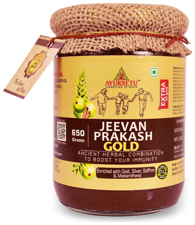 

Ayursetu Jeevan Prakash Gold Chyawanprash Enriched with Gold Silver Saffron Makardhwaj Boost Immunity Power 100 Ayurvedic Chyawanprash 650 g