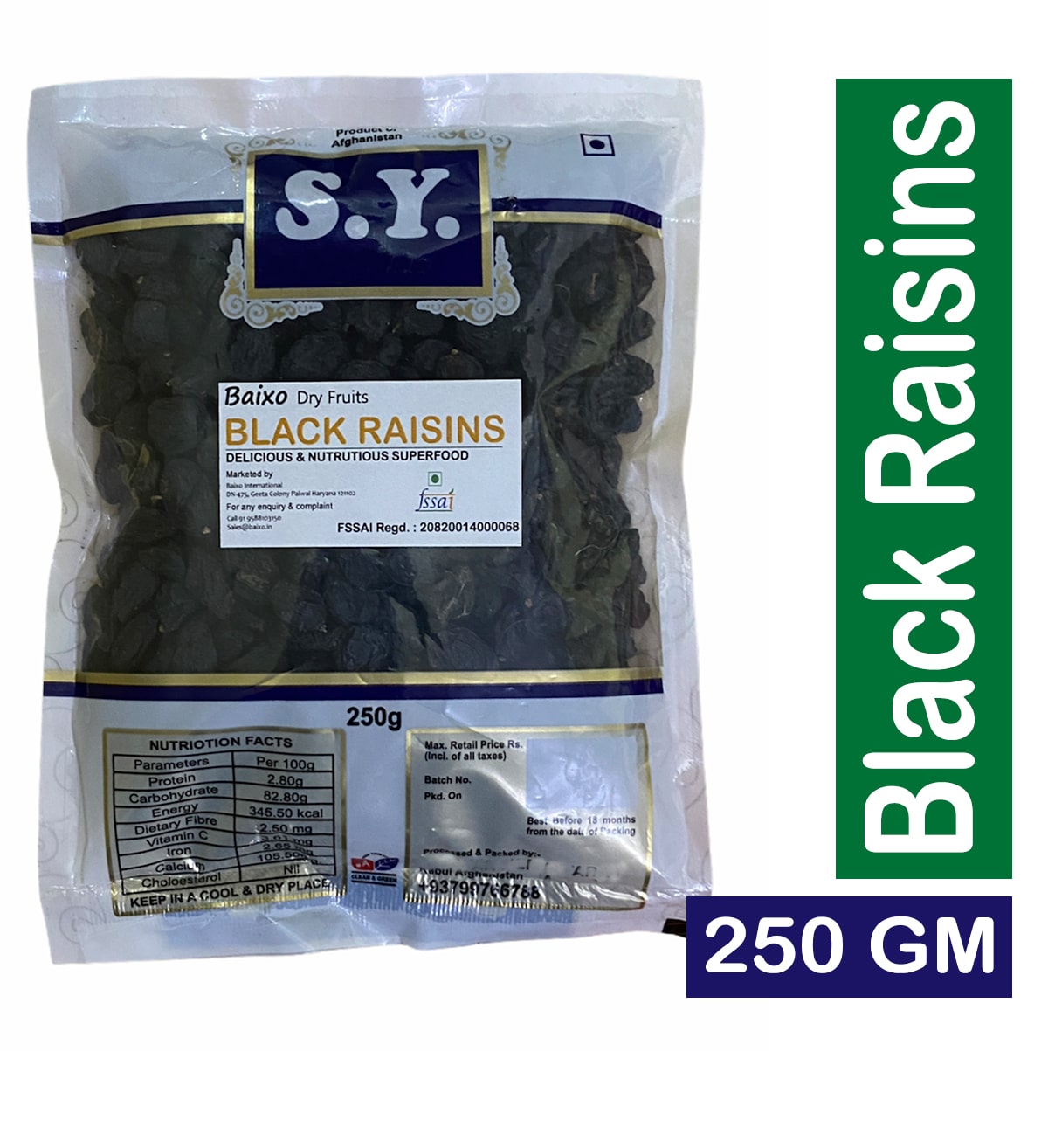 

Baixo Black Seedless Raisins Afghani 250g (Pack Of 1)