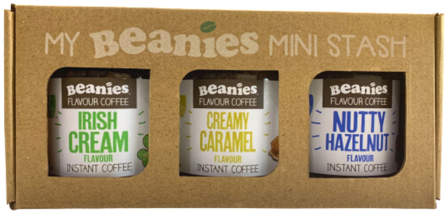 

Beanies Flavoured Instant Coffee Gift Box Irish Cream 50g Creamy Caramel 50g Nutty Hazelnut 50g (Pack of 3)