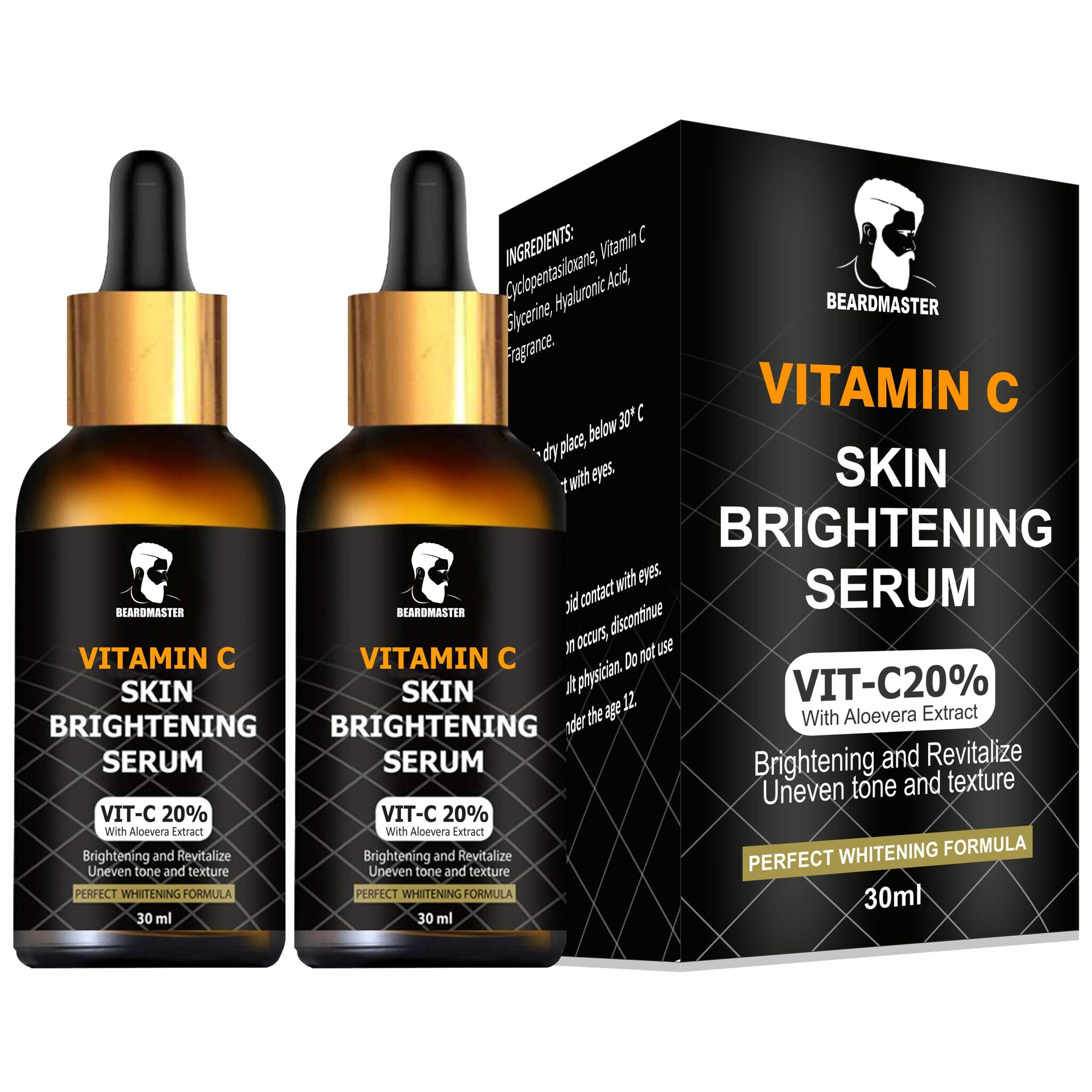 

BEARDMASTER Vitamin C Serum for face Whitening Pigmentation Glowing Oily Skin Acne Scars Brightening Fairness AntiAging Skin Repair with Hyaluronic Acid 30ml Pack of 2