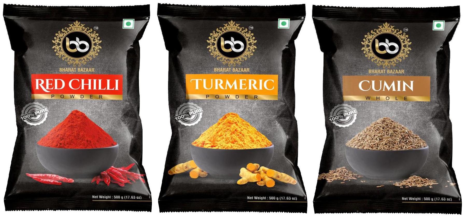 

Bharat Bazaar Red Chilli Powder Turmeric Powder Cumin Whole combo 500g Each ( Pack of 3 )