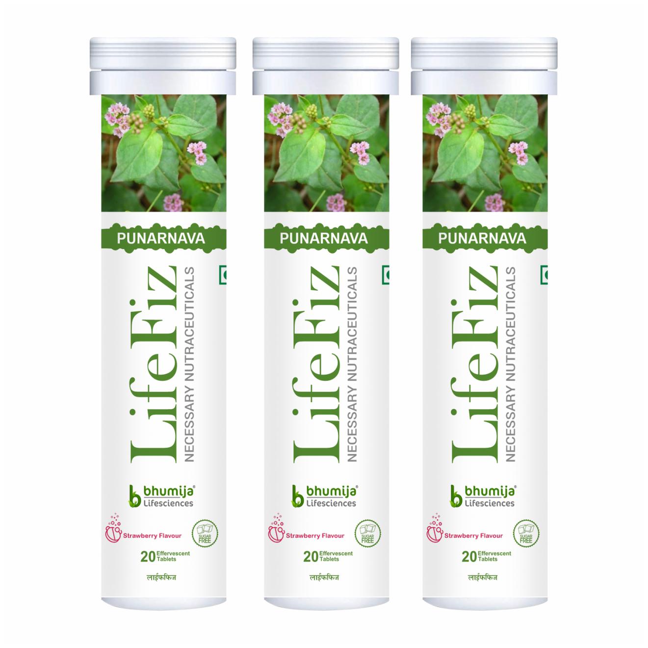 

Bhumija Lifesciences Lifefiz Punarnava Vegetarian 20 Effervescent Tablets With Strawberry Flavour (Pack Of 3)