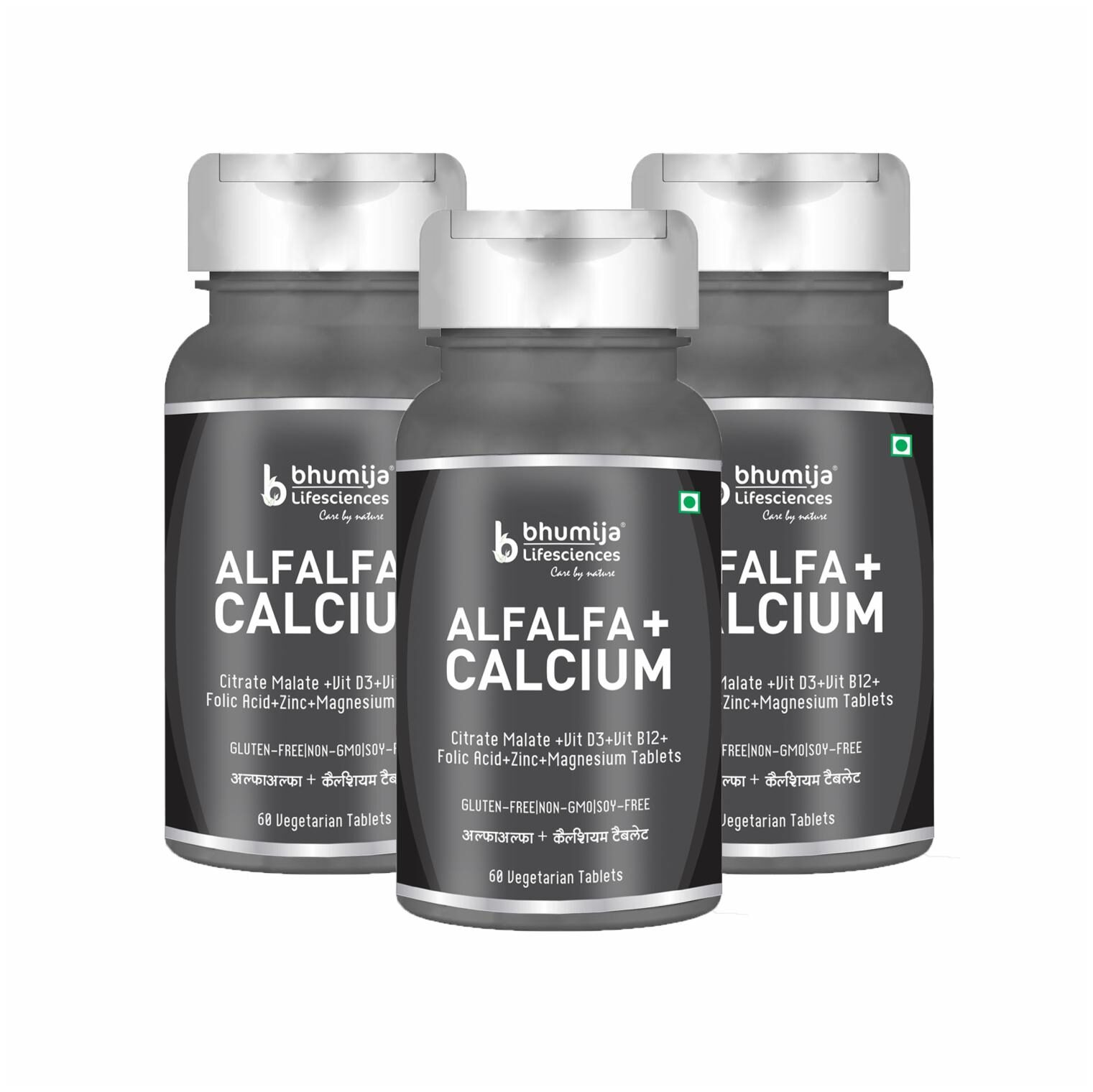 

Bhumija Lifesciences Alfalfa Calcium Citrate Malate with Vitamin D3 Zn mg B12 60 Vegetarian Tablets Pack of 3